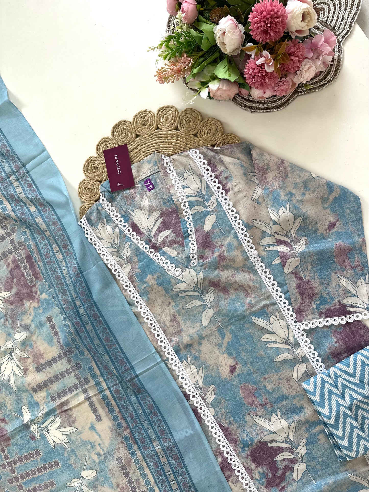 K096 - Cotton Lace work straight kurti with pants and dupatta in 2 colours
