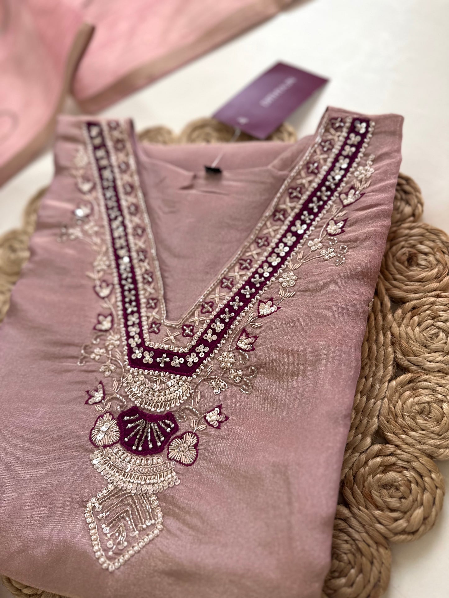 K087 - Tissue silk Handwork Straight kurti with pants and dupatta.