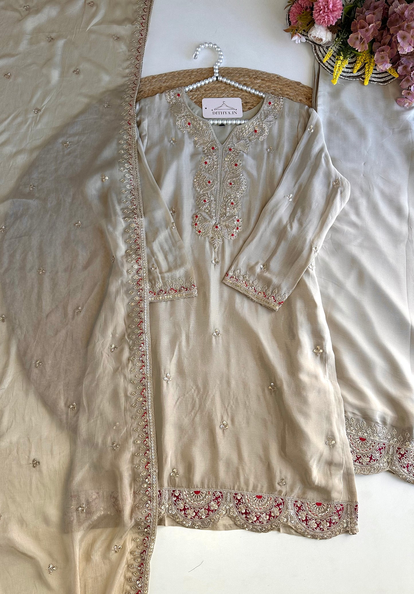 K435 - Chinnon zari work short Kurti with palazzo and dupatta