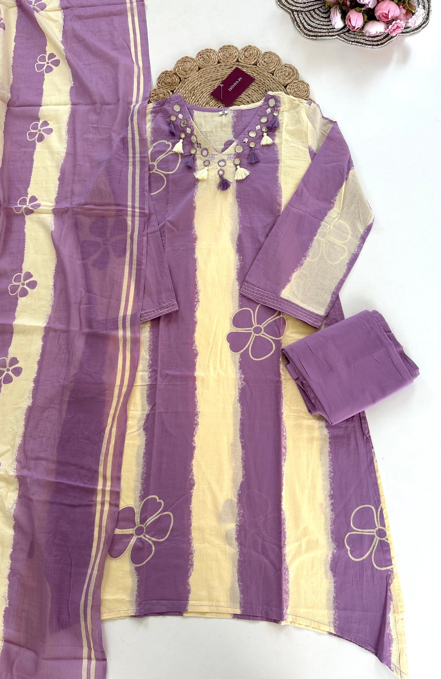 K337 - Cotton mirror work straight Kurti with pants and dupatta in 2 colours