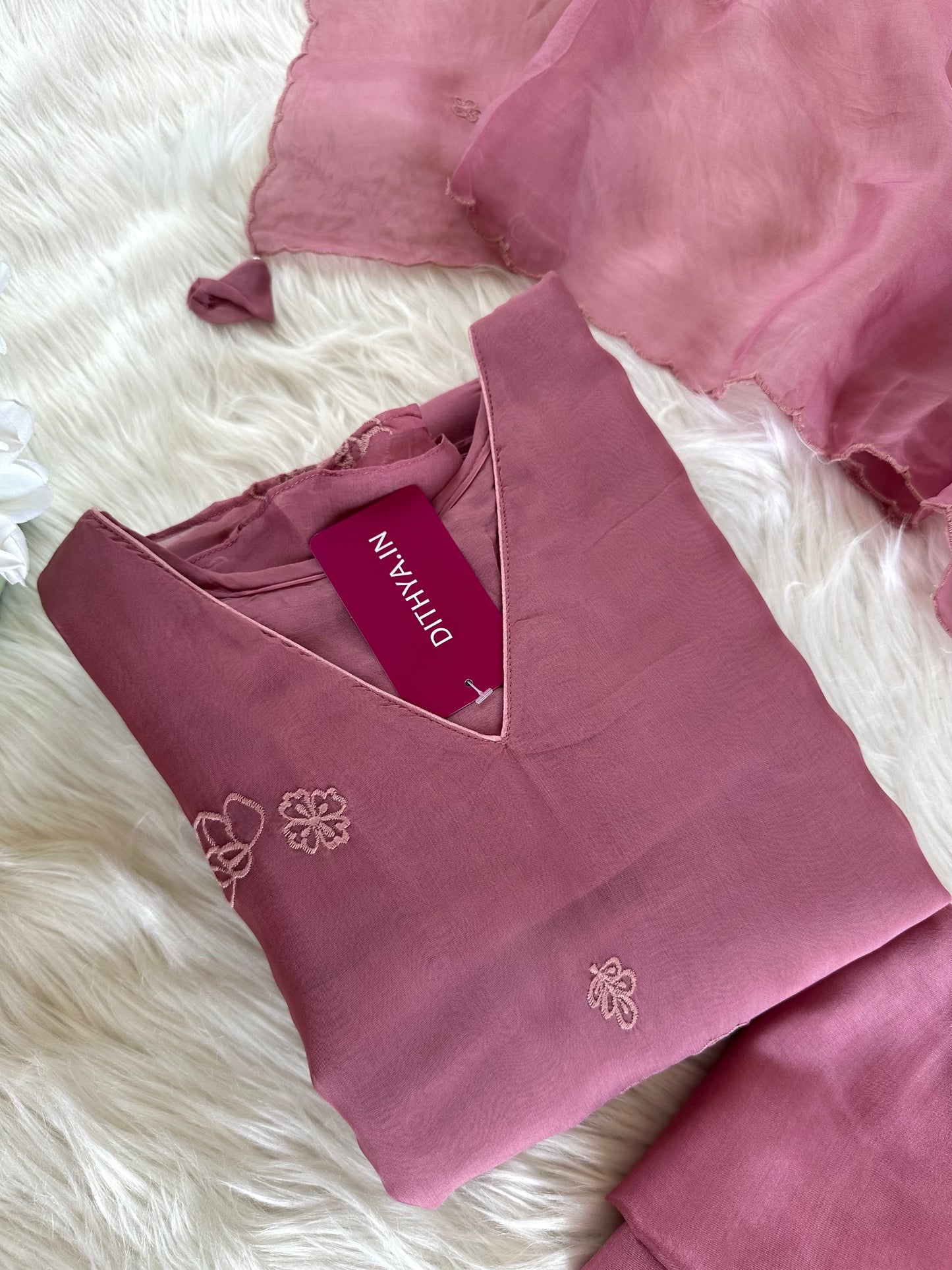 K225 - Pure viscose organza appliqué work Aline Kurti with pants and dupatta in 2 colours