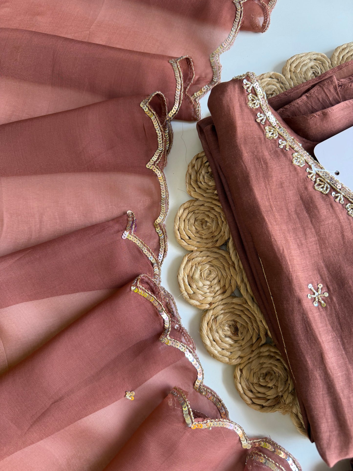 K544 - Mul Chanderi Handwork aline Kurti with pants and dupatta