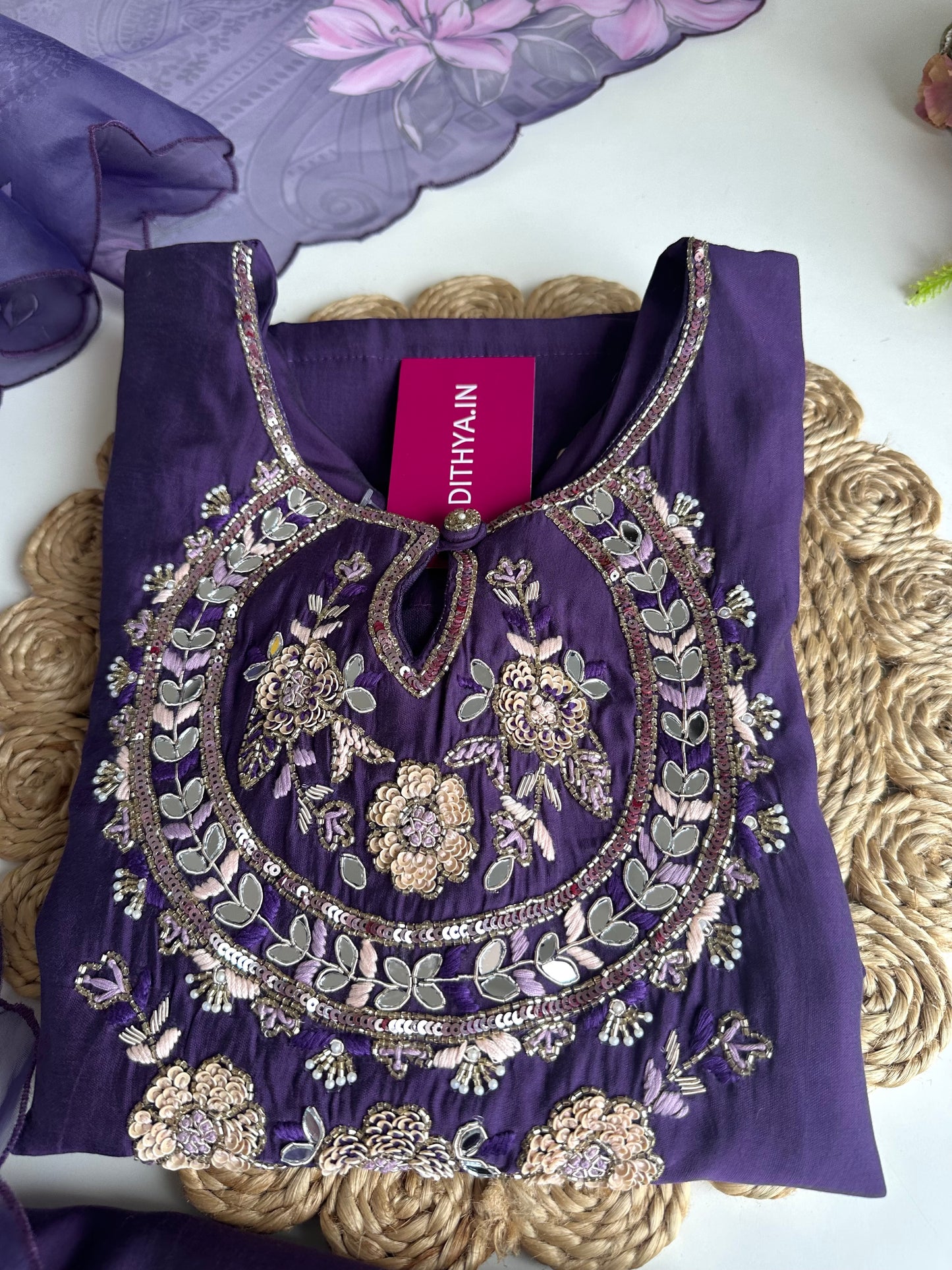 K091 - Roman silk Handwork straight Kurti with pants and dupatta