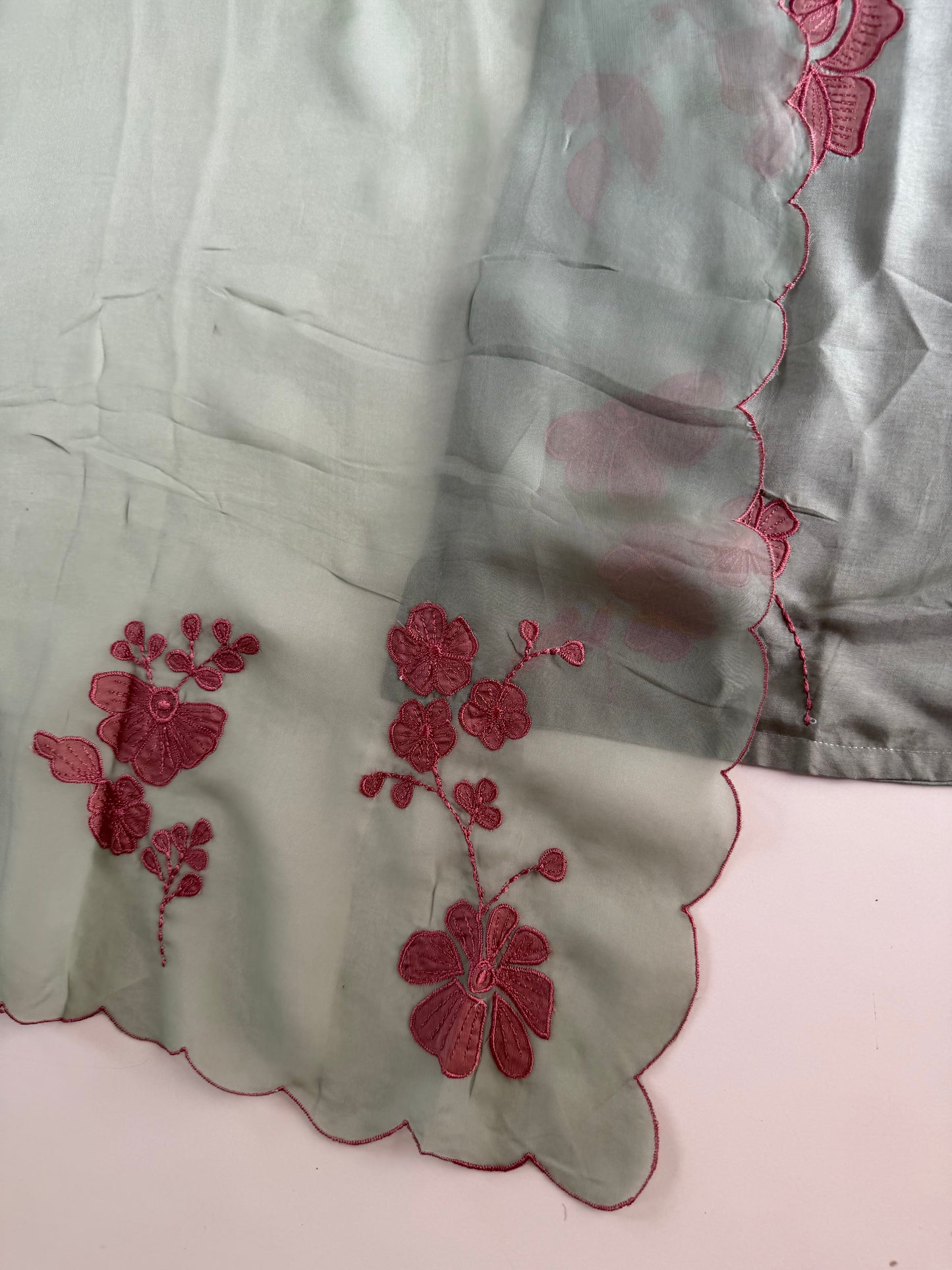 K014 - Russian silk appliqué embroidered straight Kurti with pants and dupatta