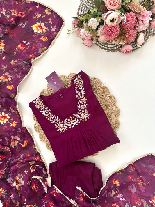 K402 - Chinnon handwork Aline Kurti with pants and viscose organza dupatta