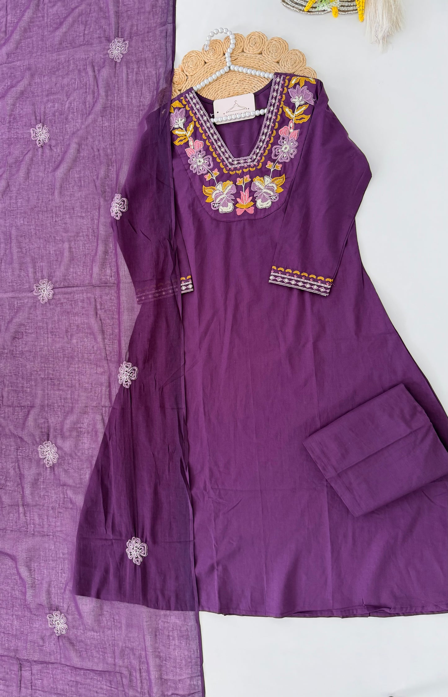 K100 - Mul cotton embroidered aline Kurti with pants and dupatta in 2 colours