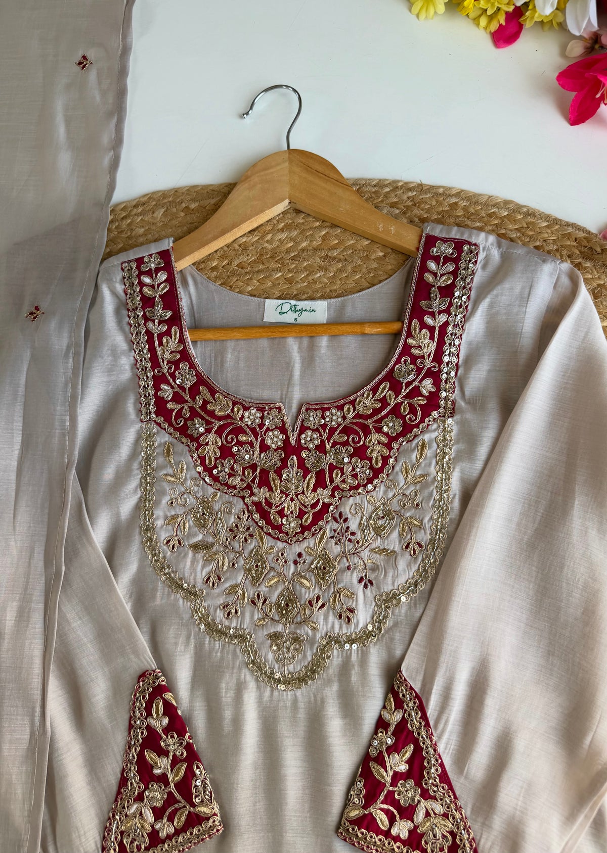 K090 - Surat Mul chanderi handwork aline Kurti with pants and dupatta