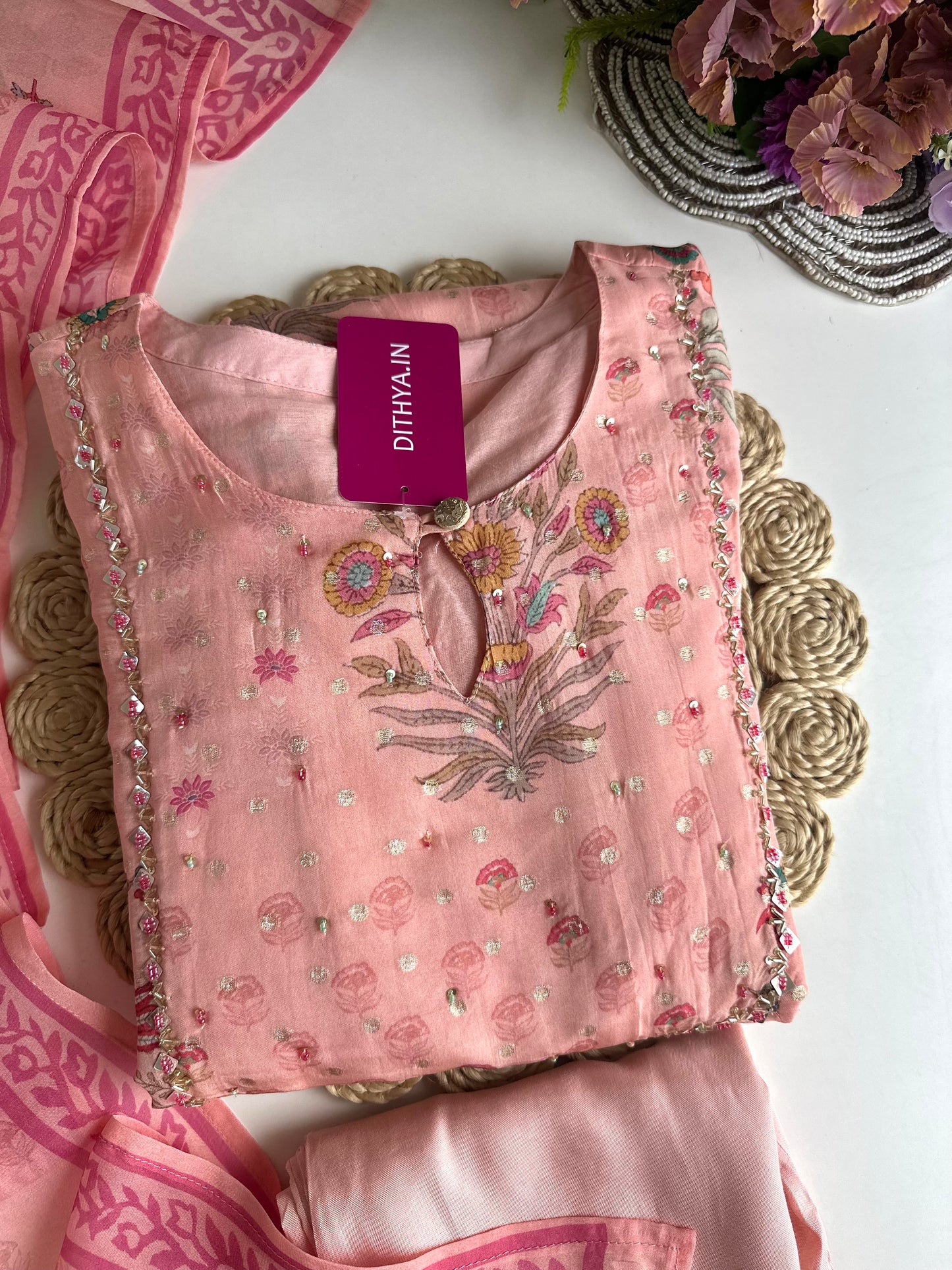 K424 - Viscose organza floral Anarkali with pants and dupatta