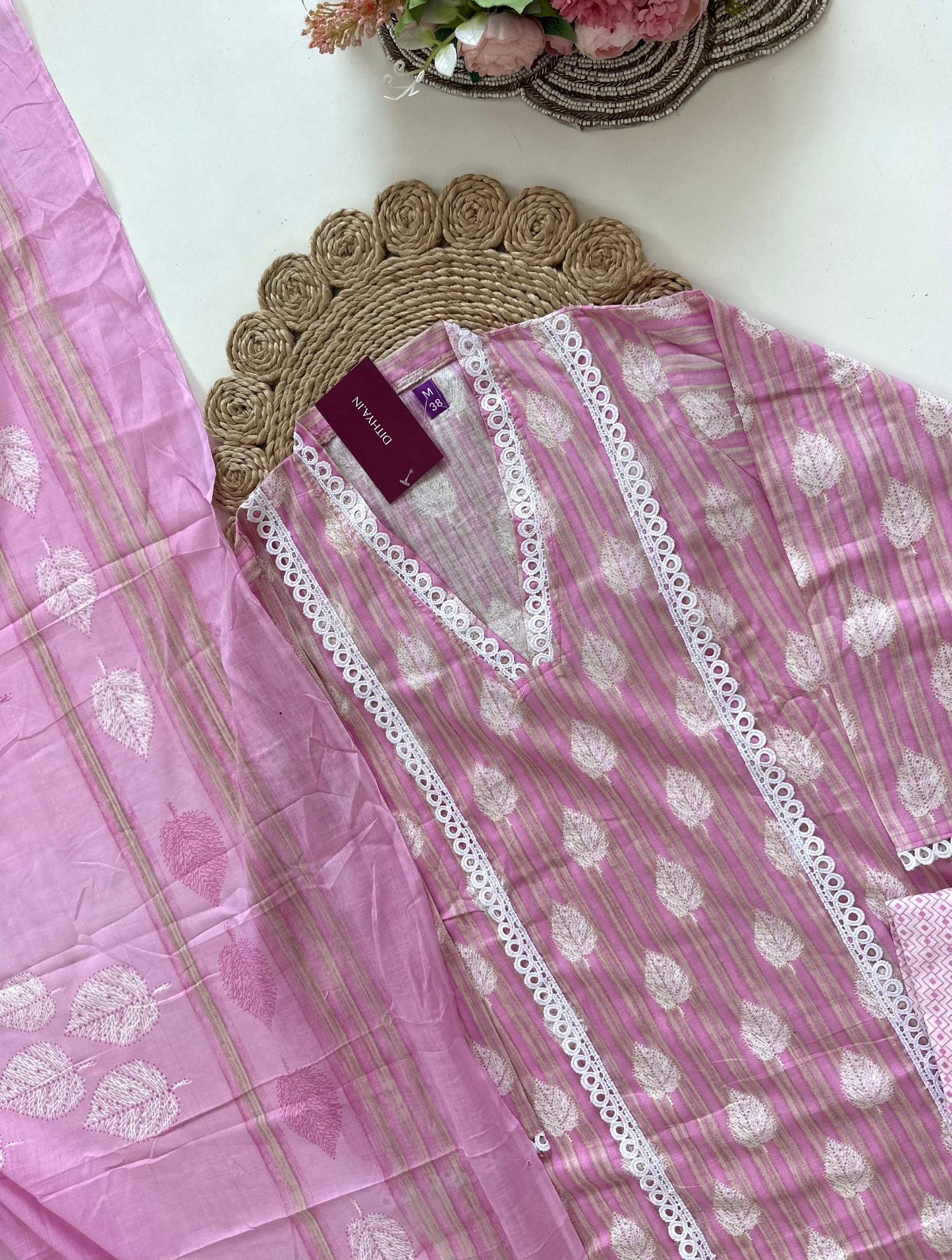 K096 - Cotton Lace work straight kurti with pants and dupatta in 2 colours