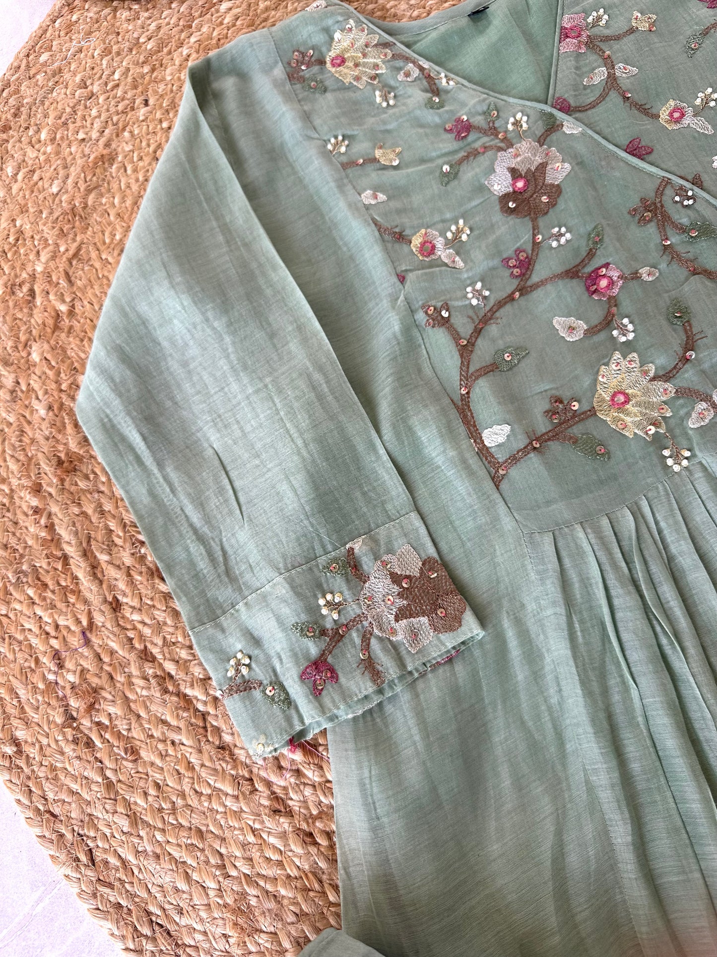 K373 - Mul Chanderi hand embroidered Anarkali with pants and dupatta