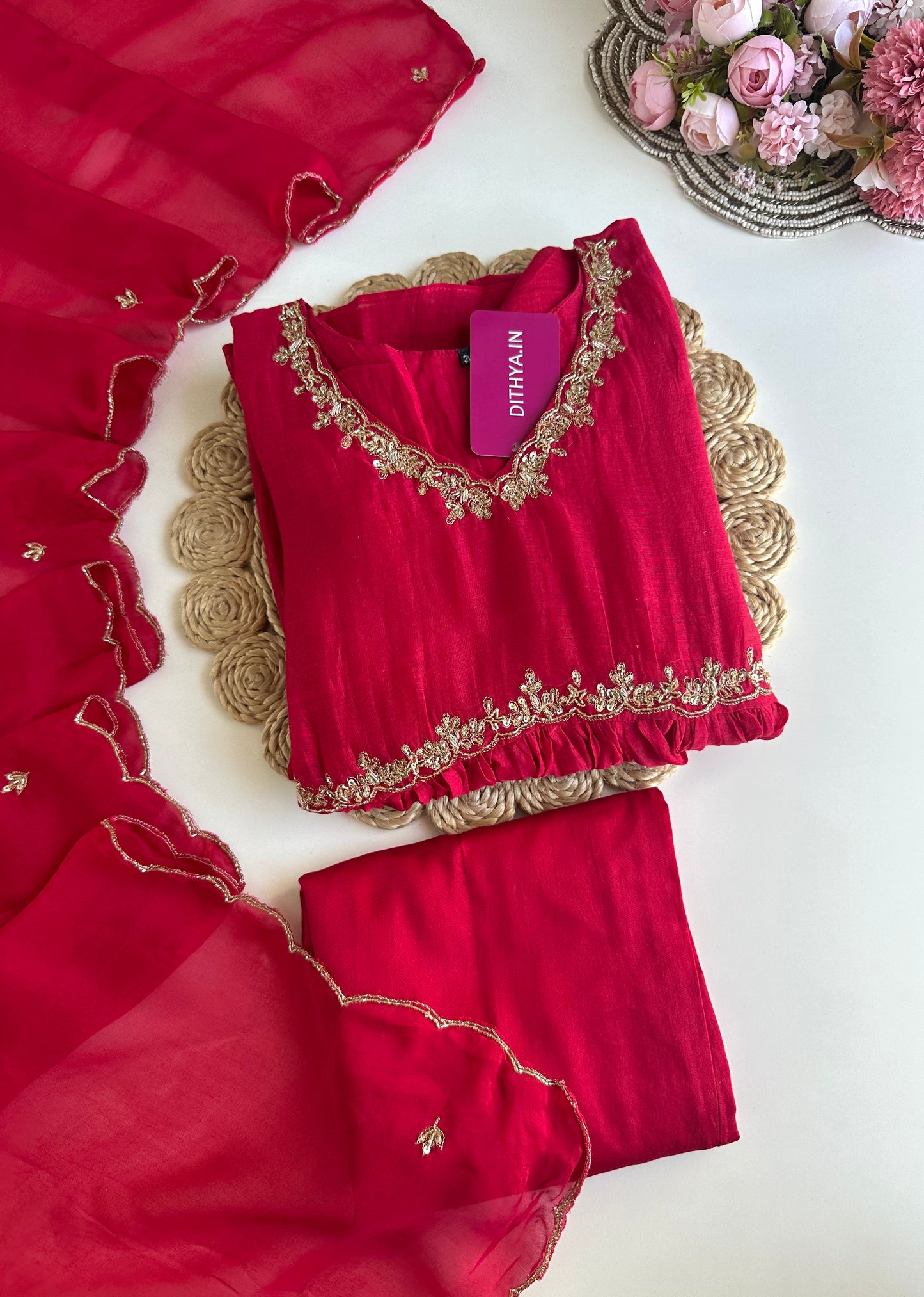 K324 - Mul Chanderi handwork Aline Kurti with pants and dupatta