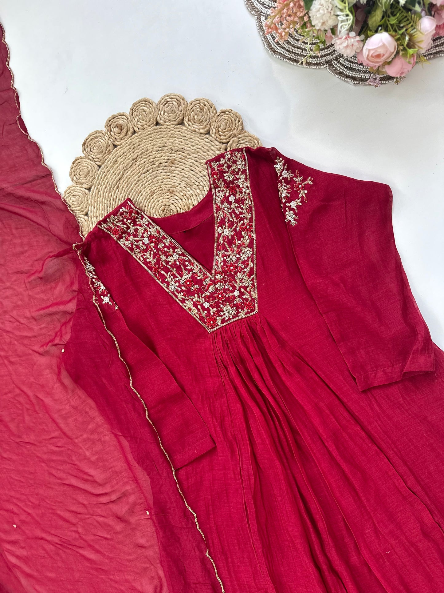 K191 - Mul Chanderi handwork Aline Kurti with pants and dupatta in 3 colours