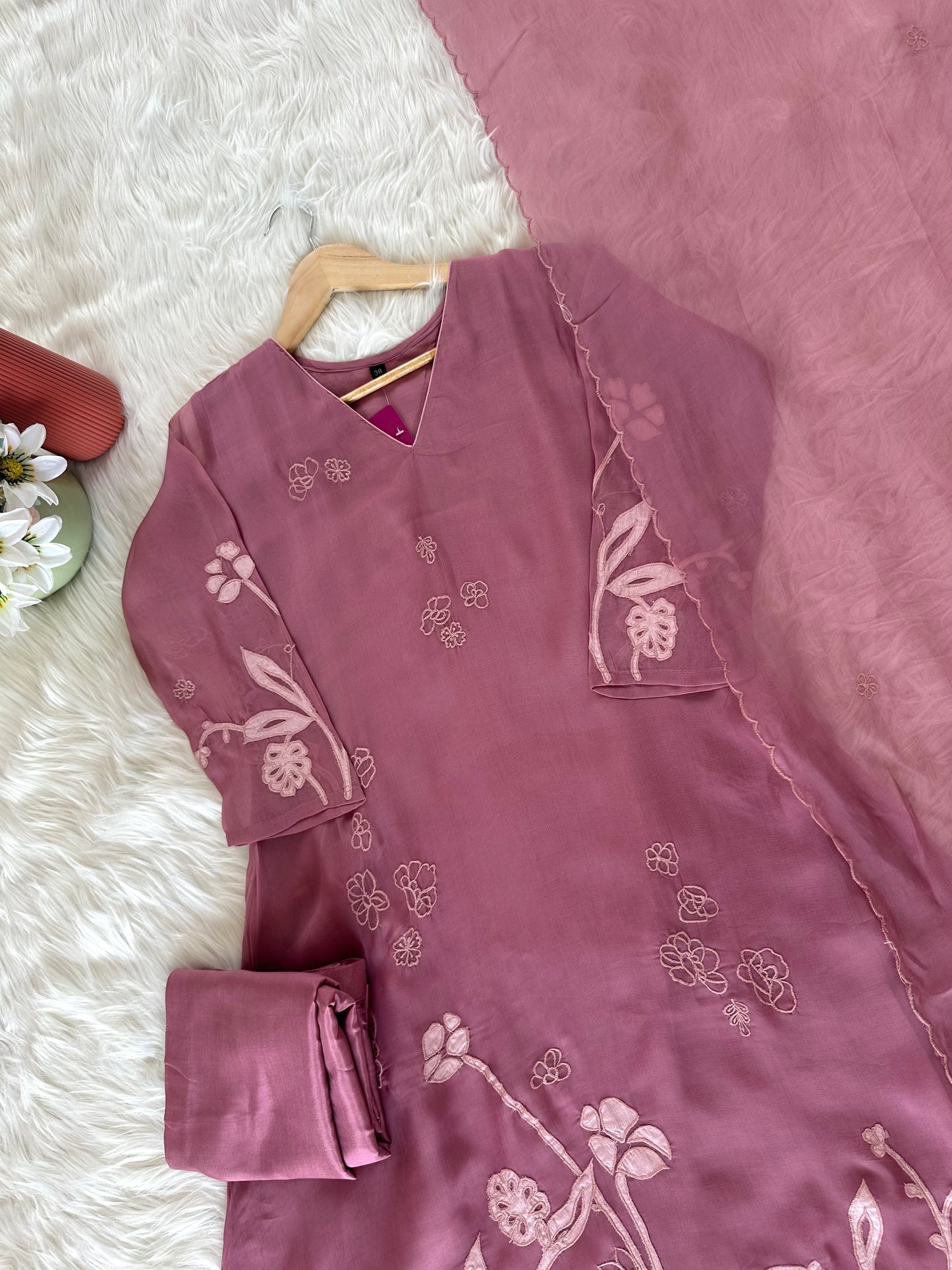 K225 - Pure viscose organza appliqué work Aline Kurti with pants and dupatta in 2 colours
