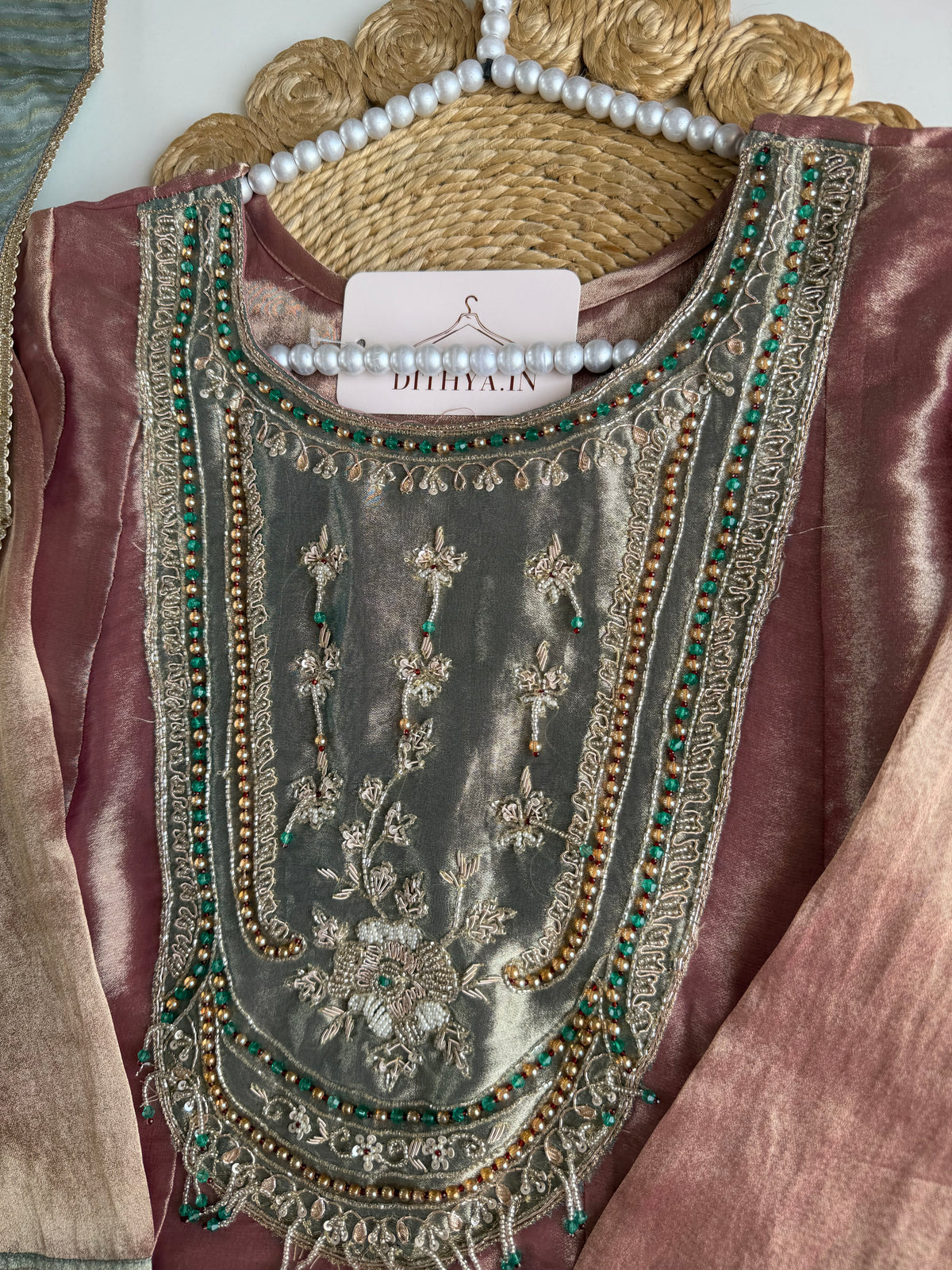 K470 - Tissue silk handwork Anarkali with pants and dupatta