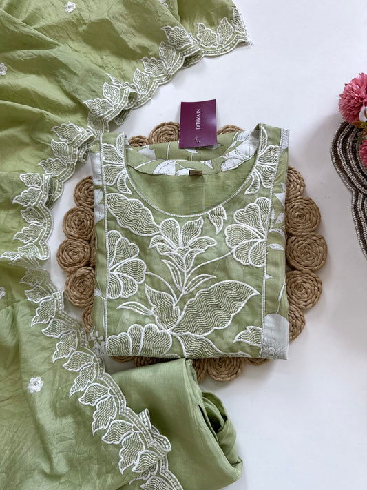 K414 - Muslin silk handwork straight Kurti with pants and dupatta