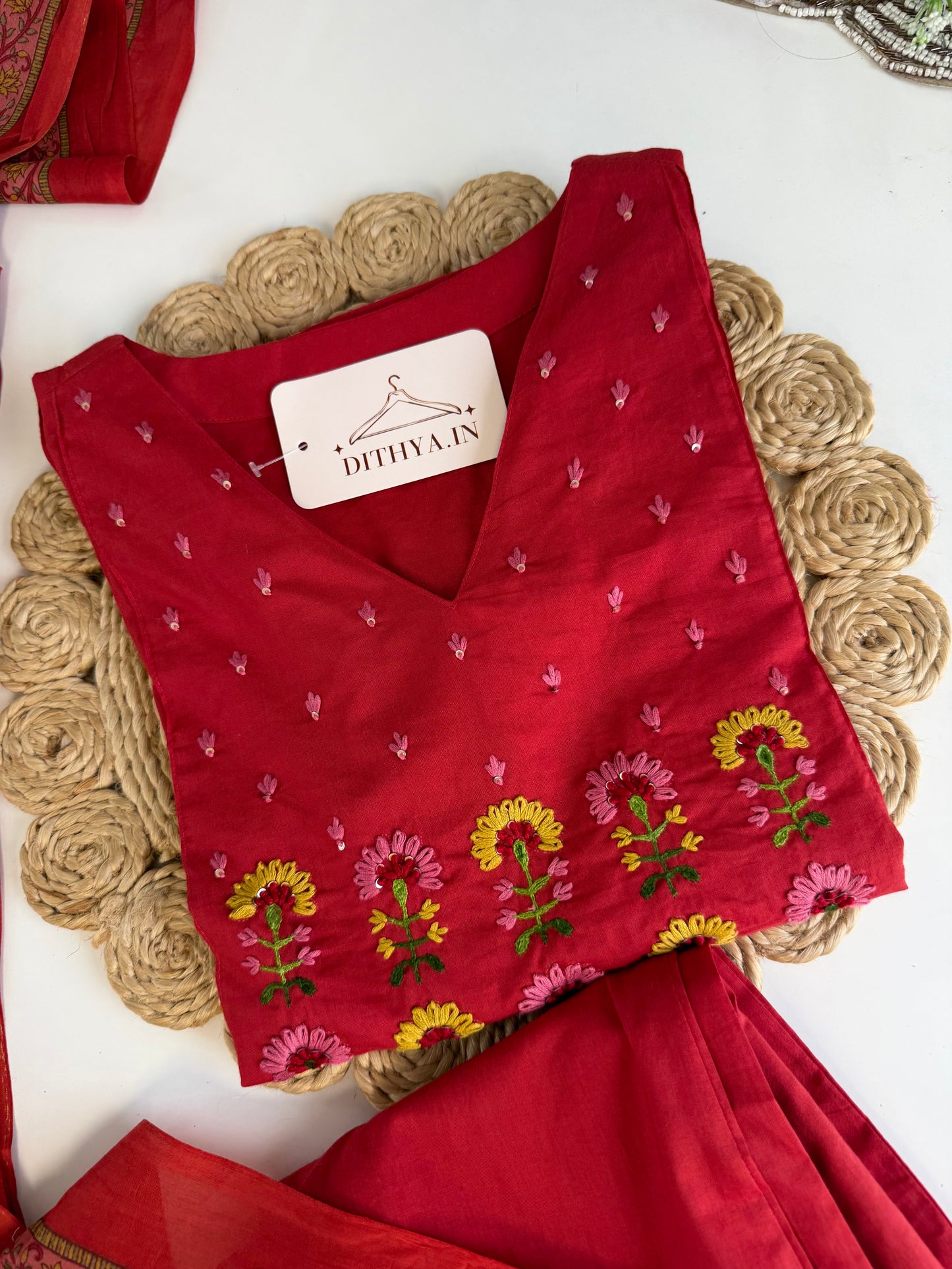 K555 - Mul cotton embroidered straight Kurti with pants and dupatta
