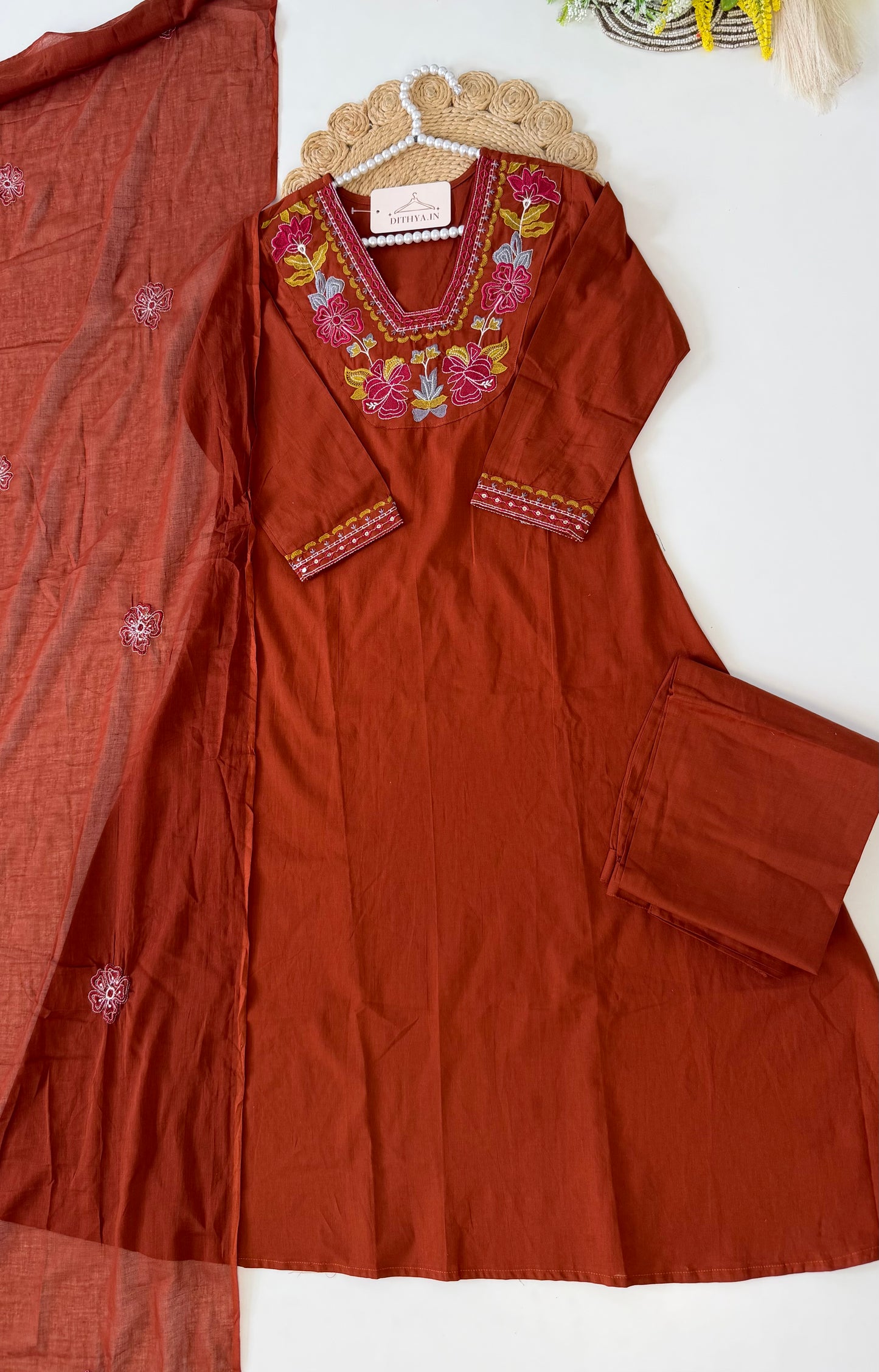 K100 - Mul cotton embroidered aline Kurti with pants and dupatta in 2 colours