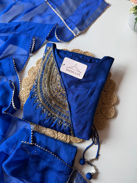 K206 - Russian silk handwork Angrakha Aline Kurti with pants and dupatta