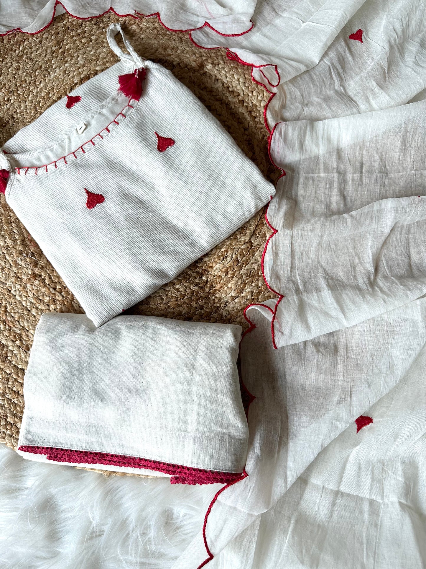 K206 - Slub cotton heart embroidered strap Kurti with pants and dupatta