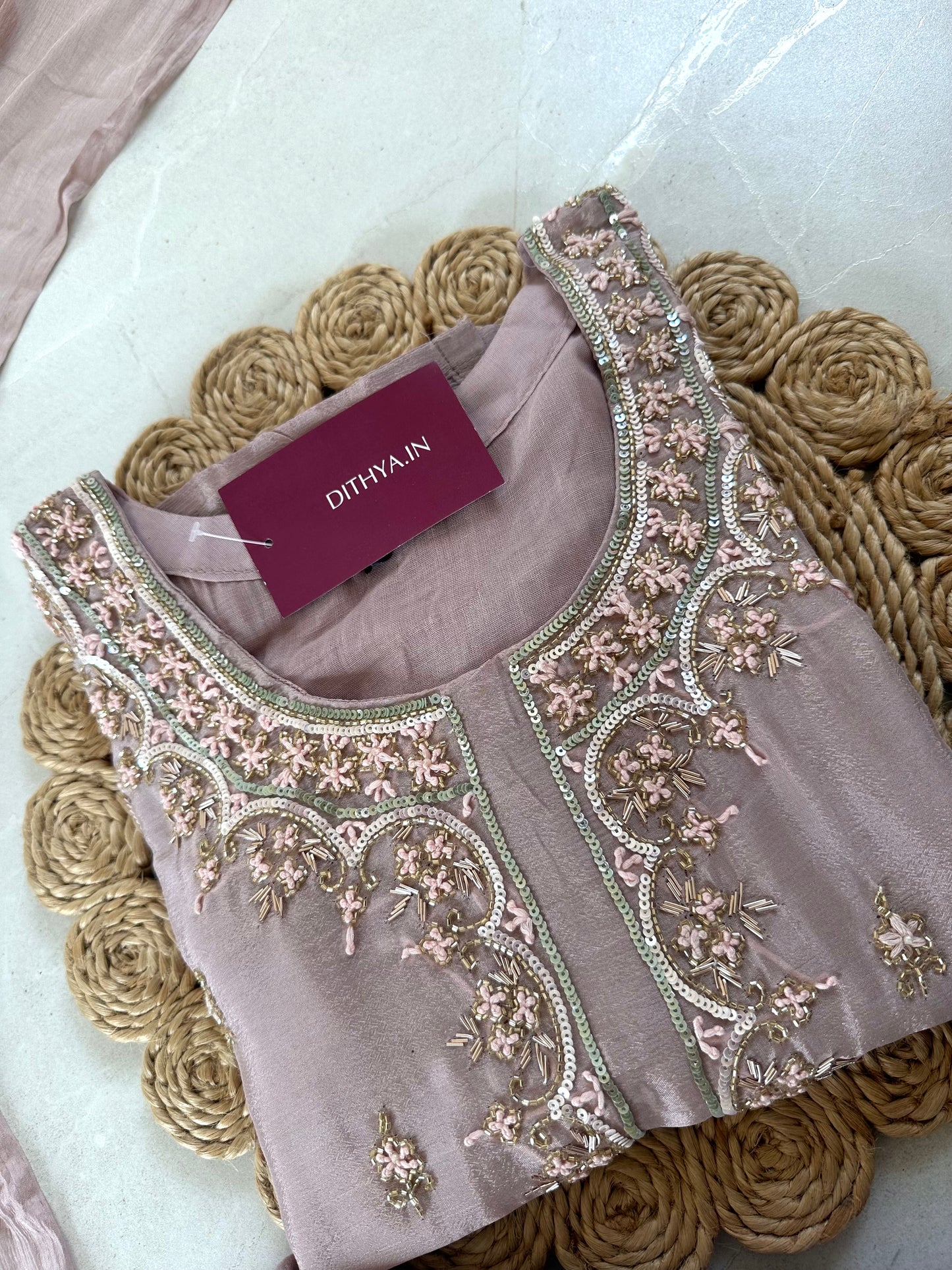 K161 - Heavy handwork Russian silk Straight kurti with flared pants and chiffon dupatta