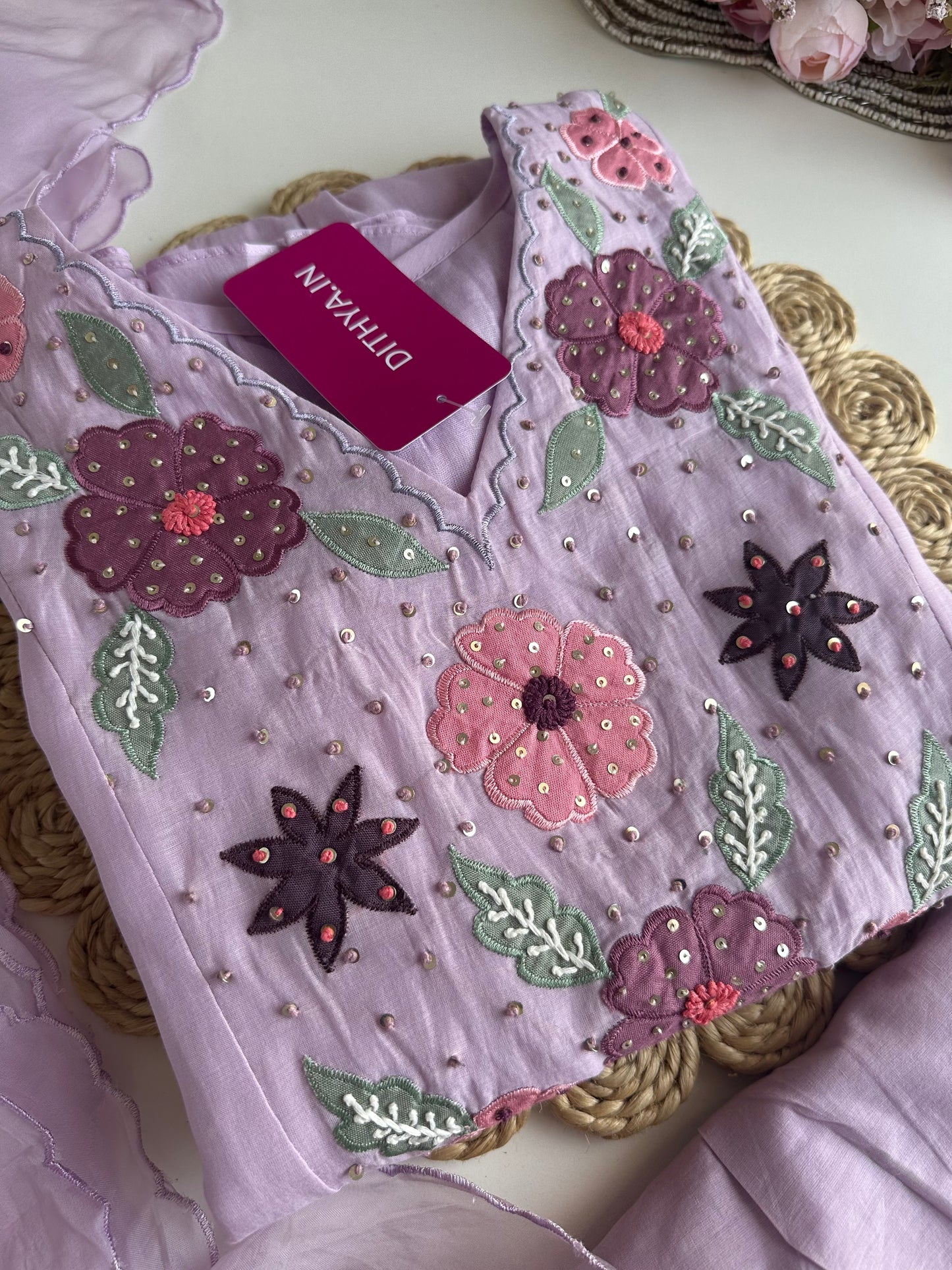K082 - Mul Chanderi appliqué work Aline Kurti with pants and dupatta
