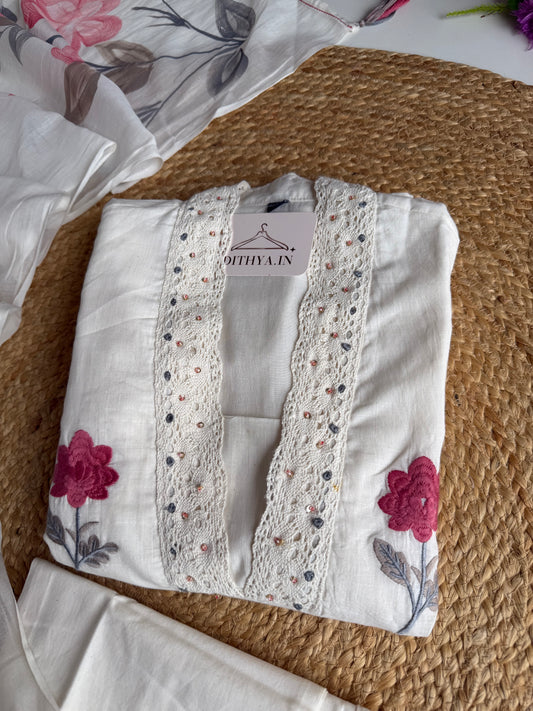 K667 - Mul cotton embroidered straight Kurti with pants and dupatta