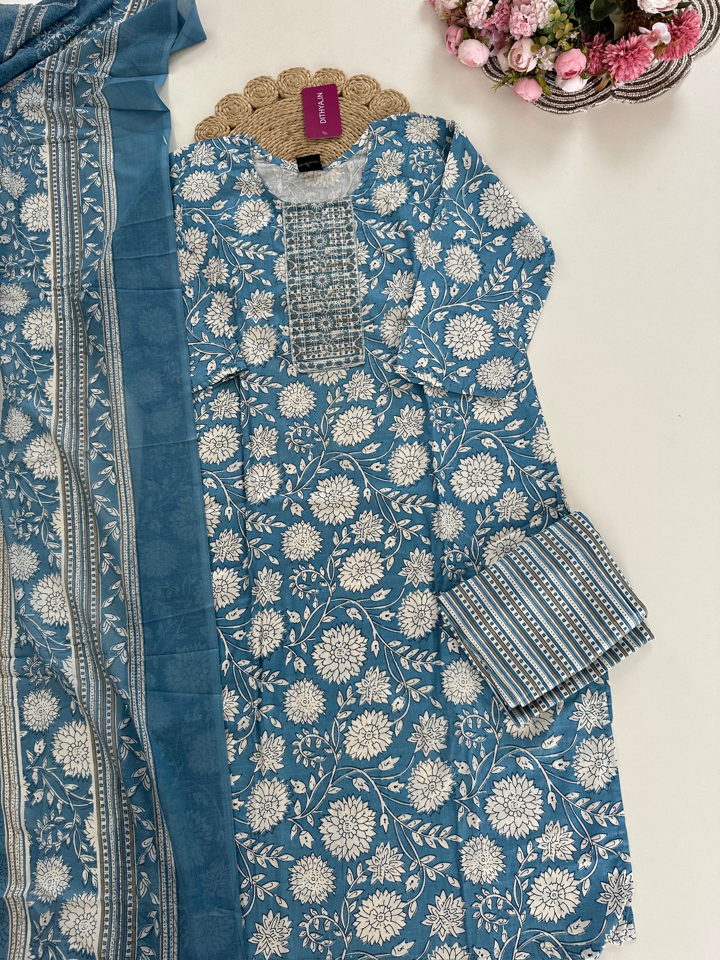 K352 - Cotton floral straight Kurti with pants and dupatta