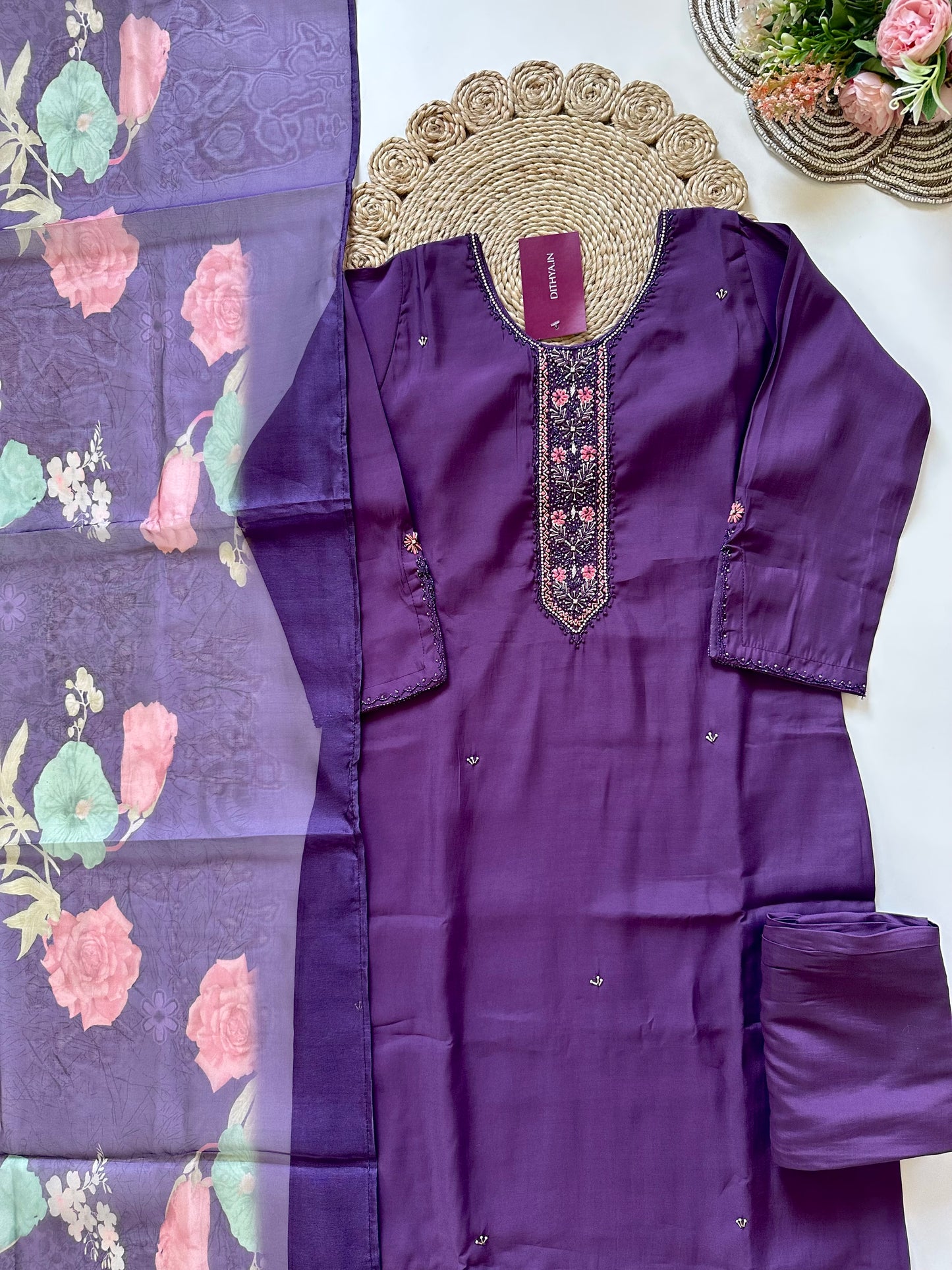 K198 - Roman silk handwork straight kurti with pants and dupatta in 2 colours.