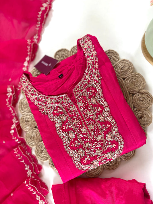 K163 - Russian silk handwork Anarkali with pants and organza dupatta