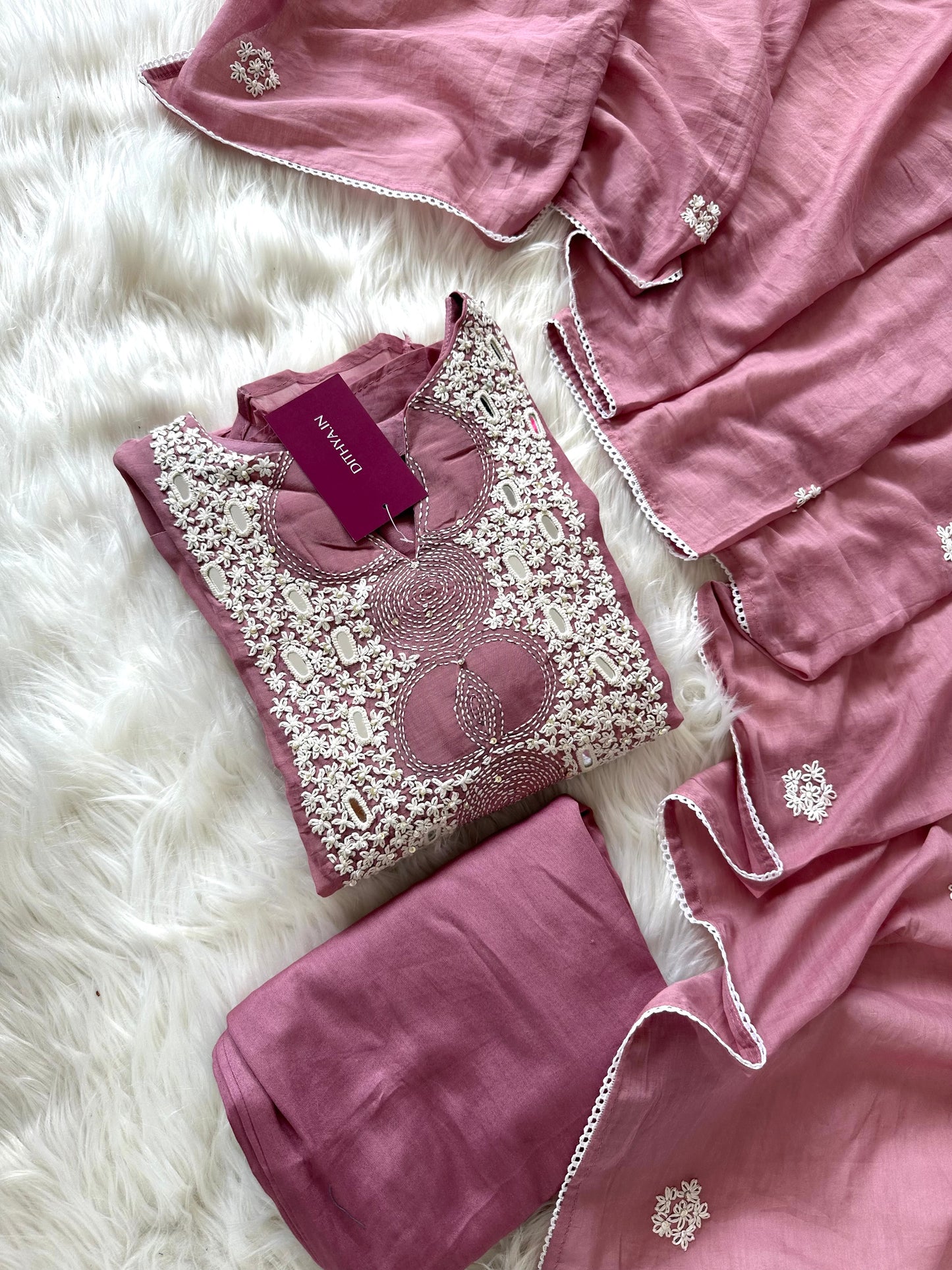 K410 - Mul Chanderi handwork Aline Kurti with pants and dupatta in 2 colours