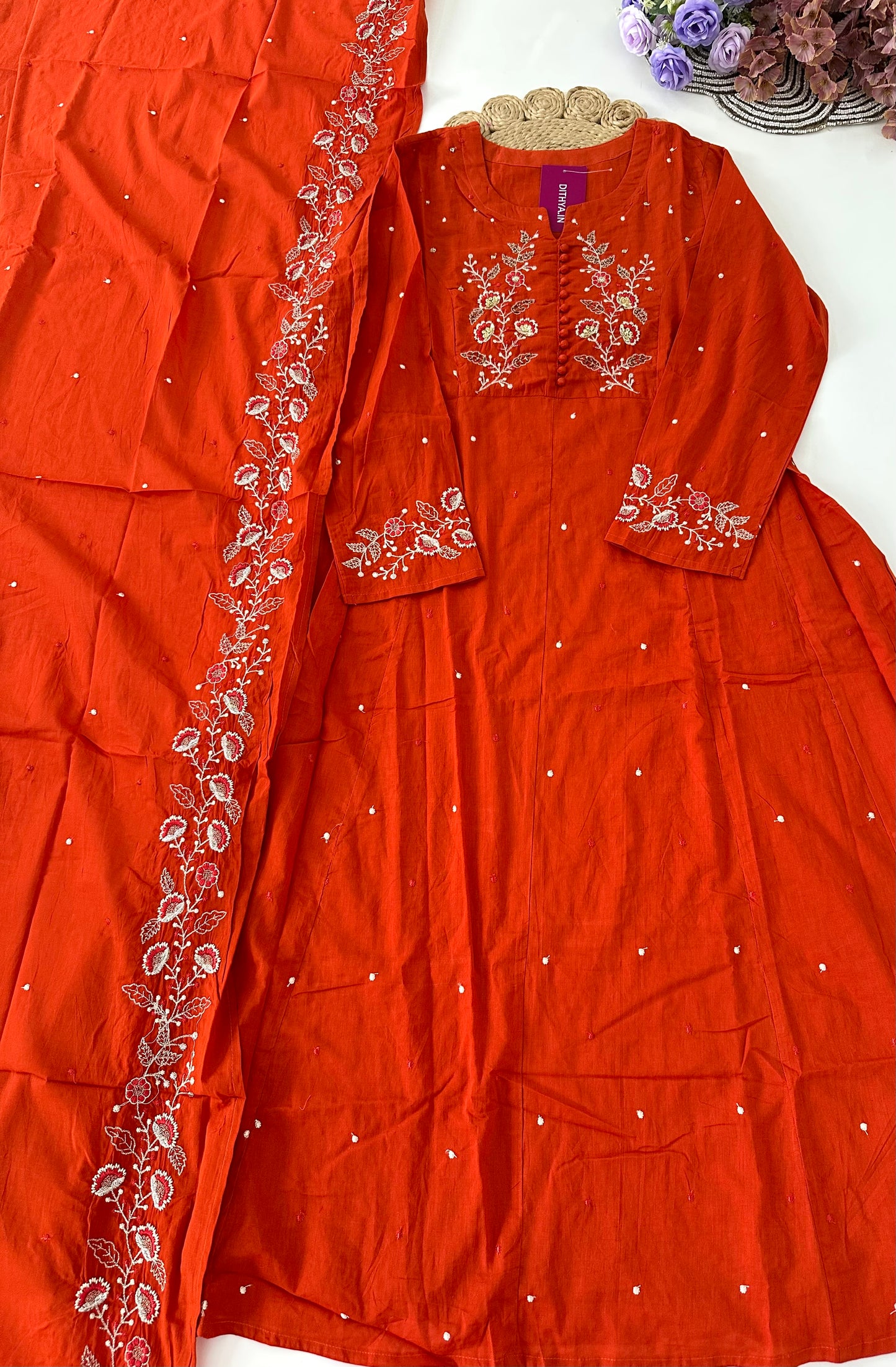 K210 - Mul cotton Anarkali with pants and dupatta