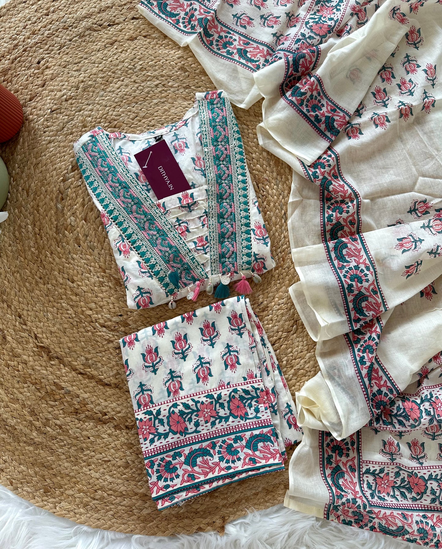 K027 - Floral mul cotton Kurti with pants and dupatta
