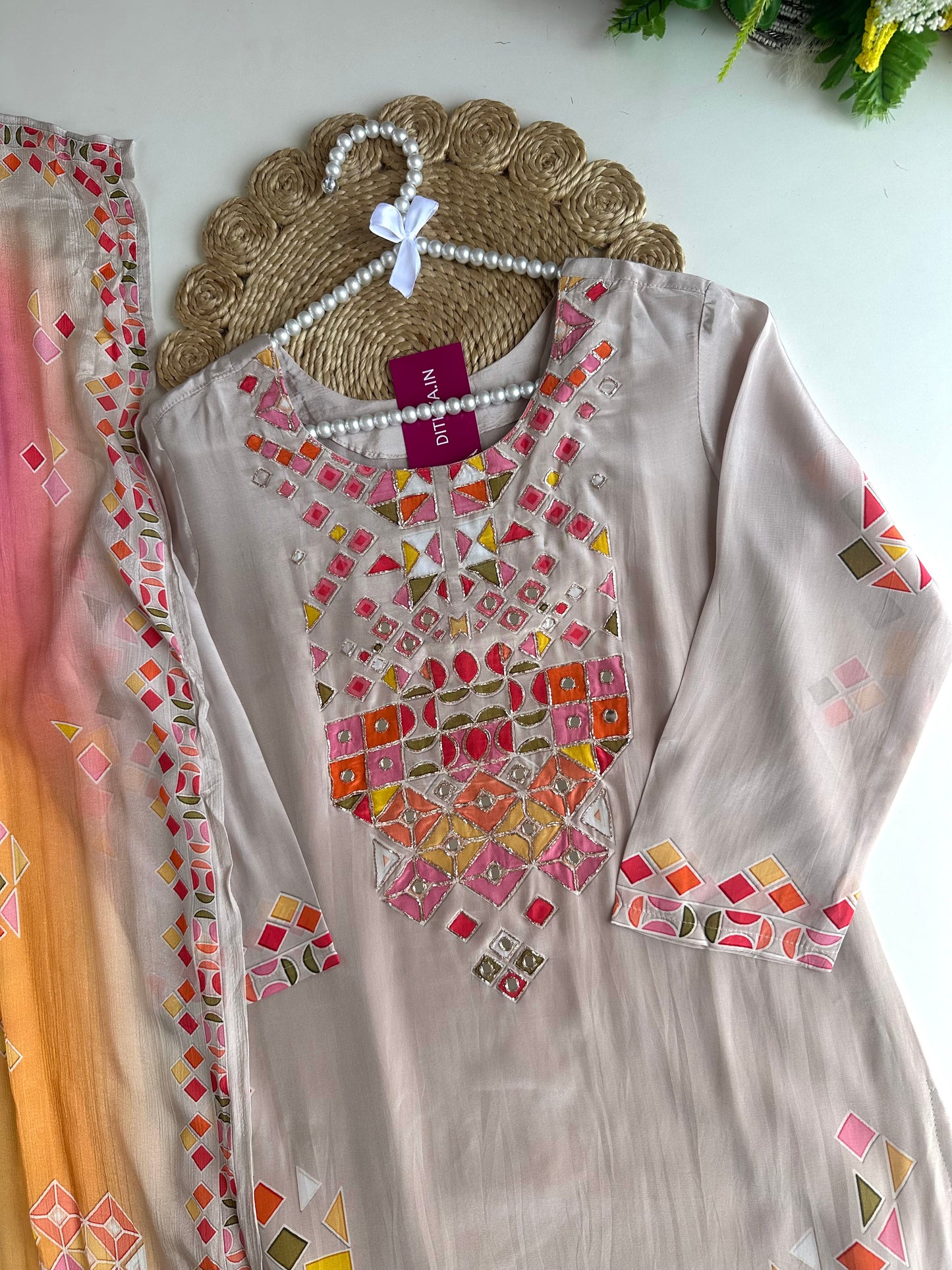 K132 - Pure crape handwork straight Kurti with pants and dupatta