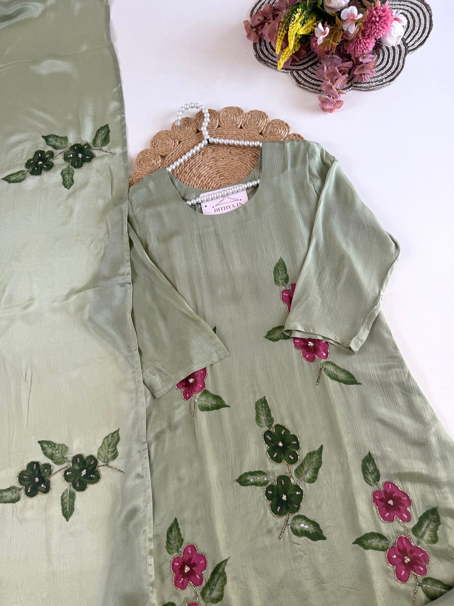 K634 - Pure Chinnon handwork Aline Kurti with pants and dupatta