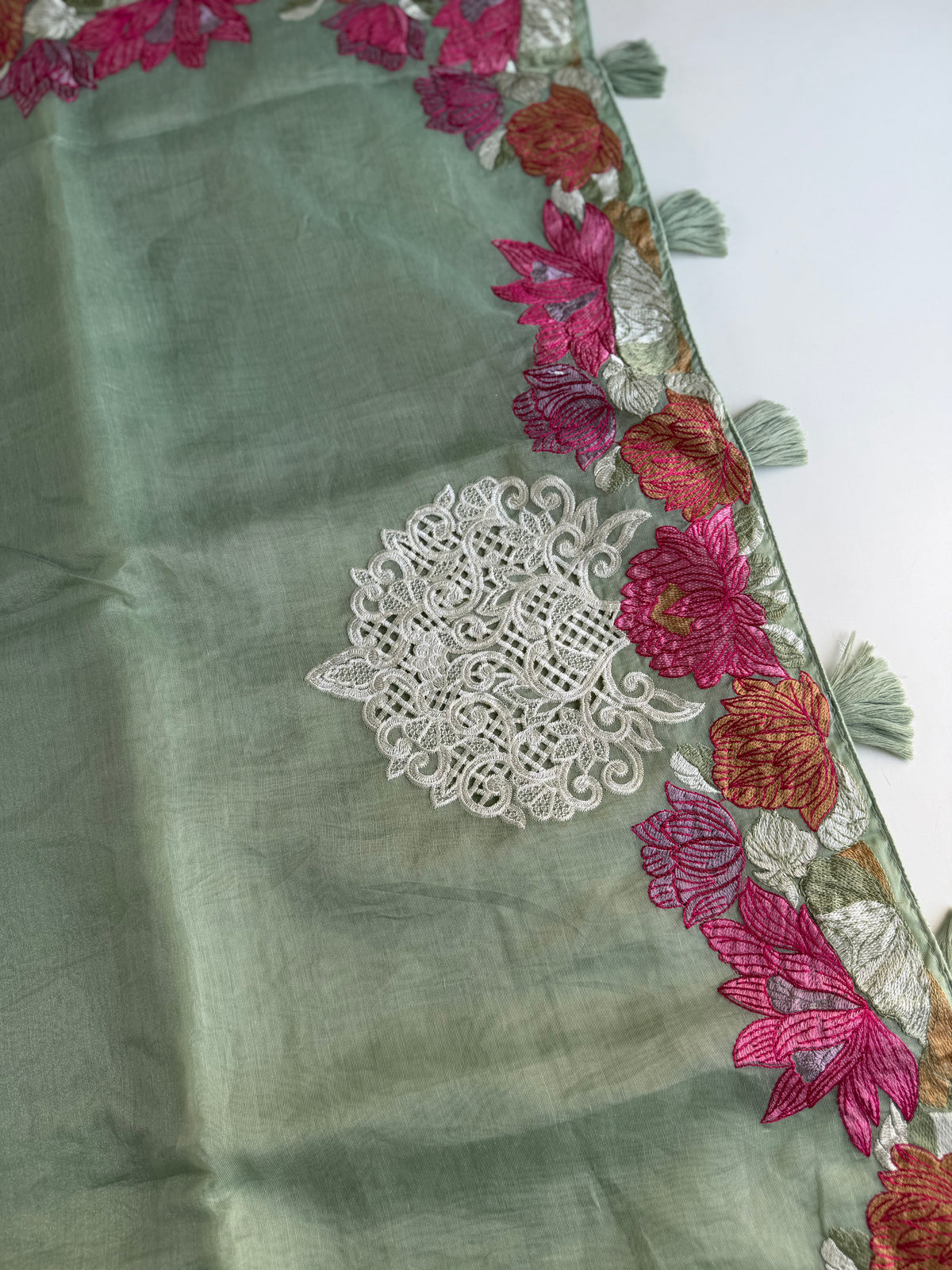 S020 - Soft organza appliqué embroidered saree in 3 colours