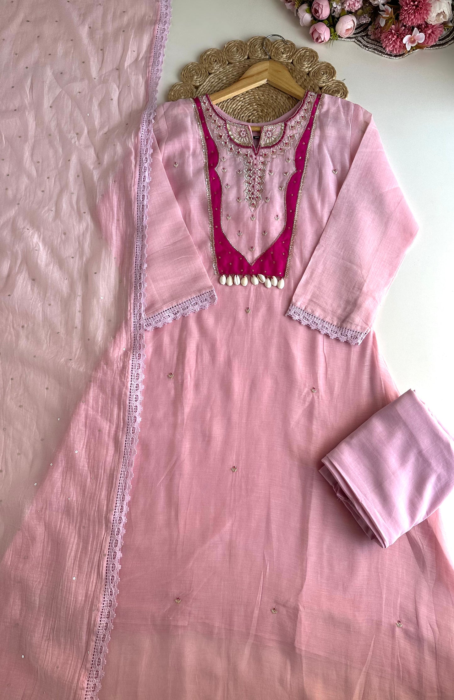 K297 - Mul Chanderi Aline handwork Kurti with pants and dupatta