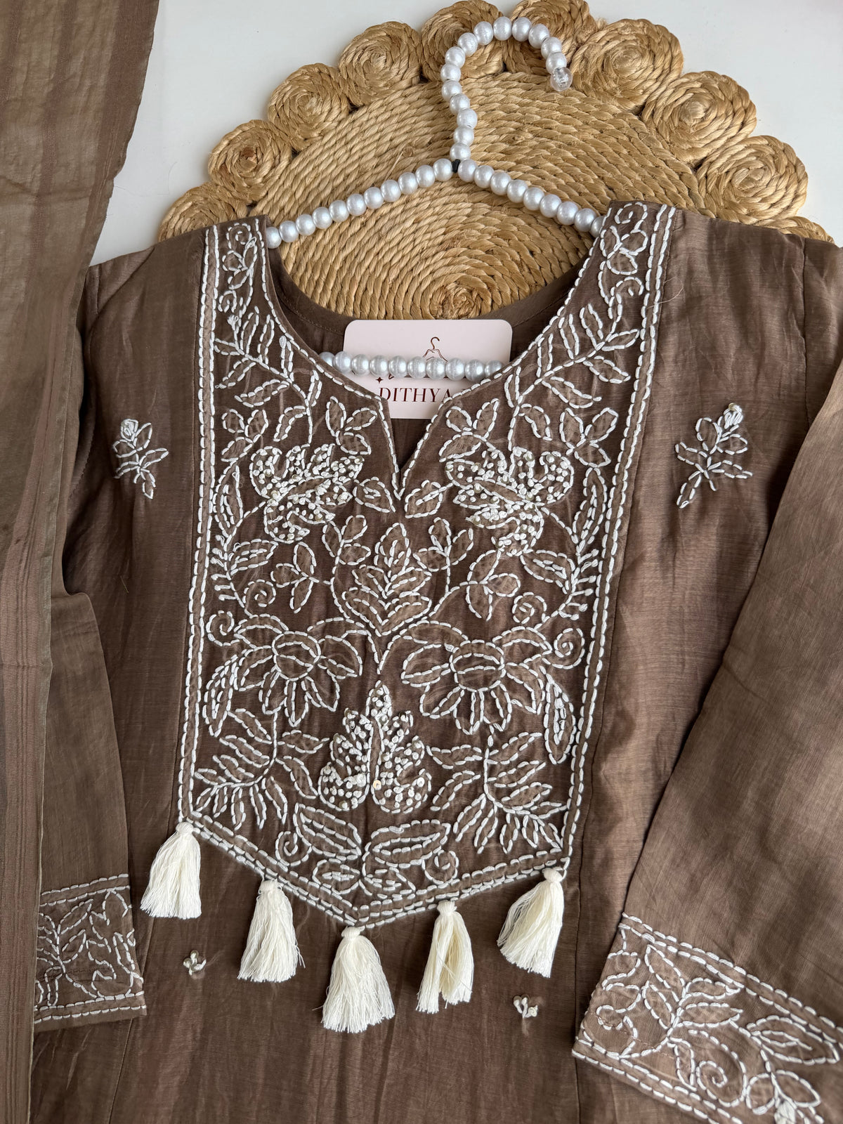 K729 - Mul chanderi embroidered Aline Kurti with pants and dupatta