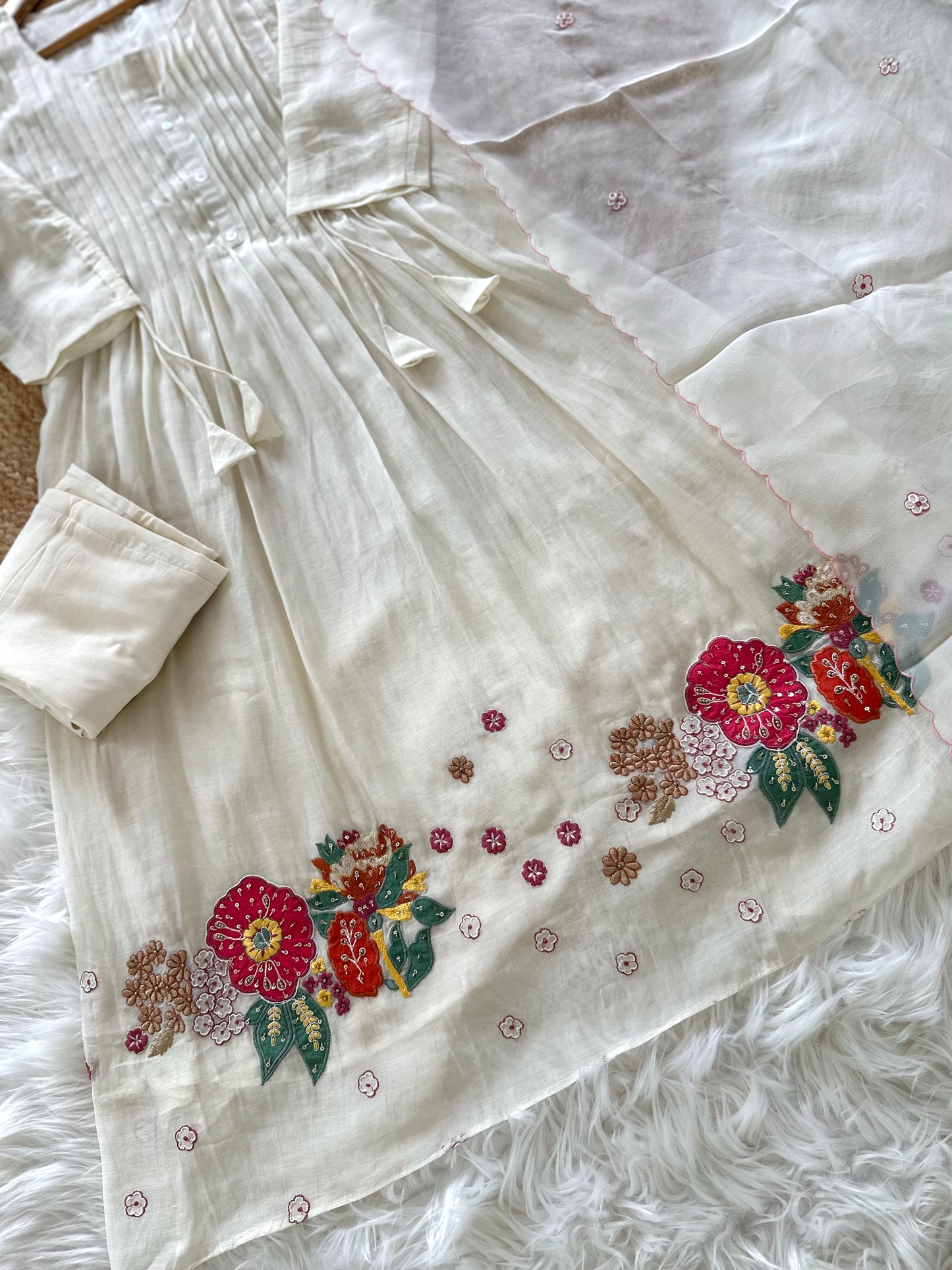 K215 - Mul Chanderi handwork Anarkali with pants and dupatta in 2 colours