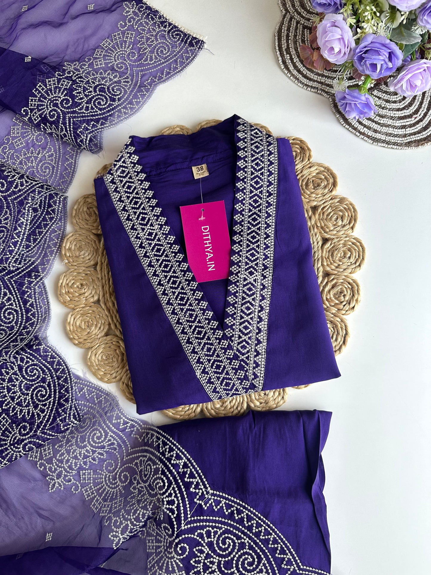K100 - Roman silk Embroidered straight kurti with pants and dupatta