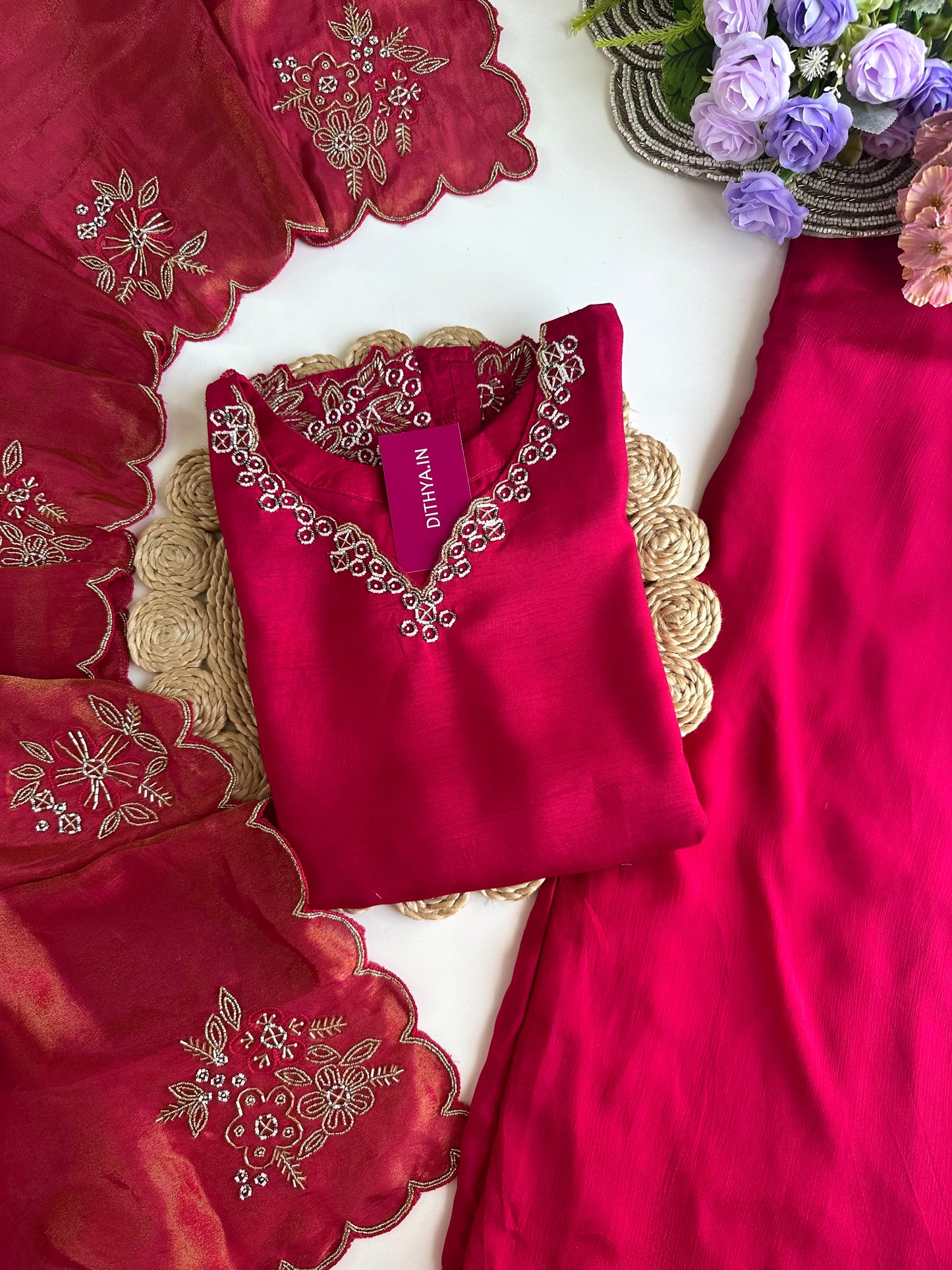 K342 - Russian silk handwork short Kurti with palazzo and silk dupatta