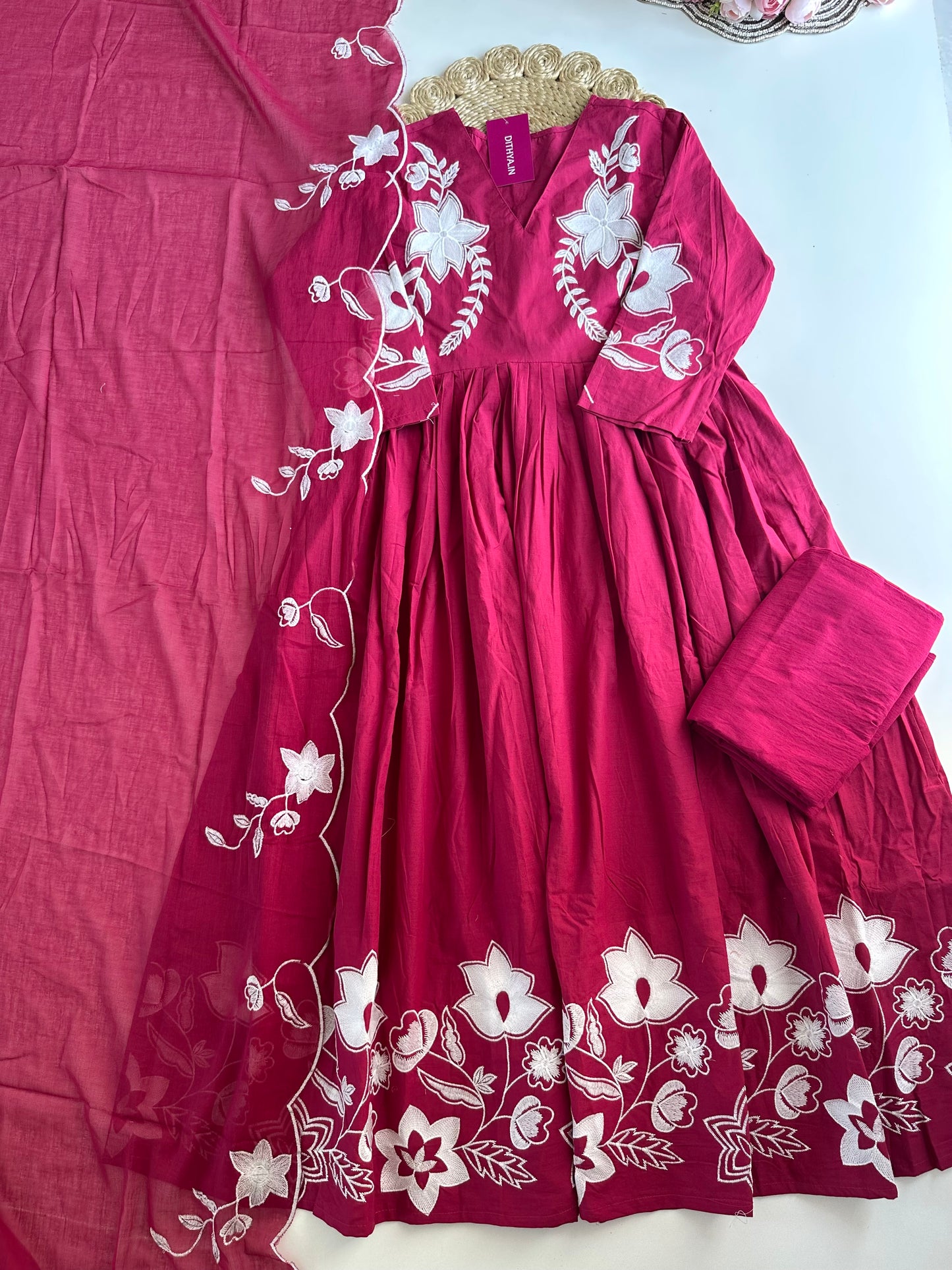 K197 - Mul cotton appliqué embroidery Anarkali with pants and dupatta