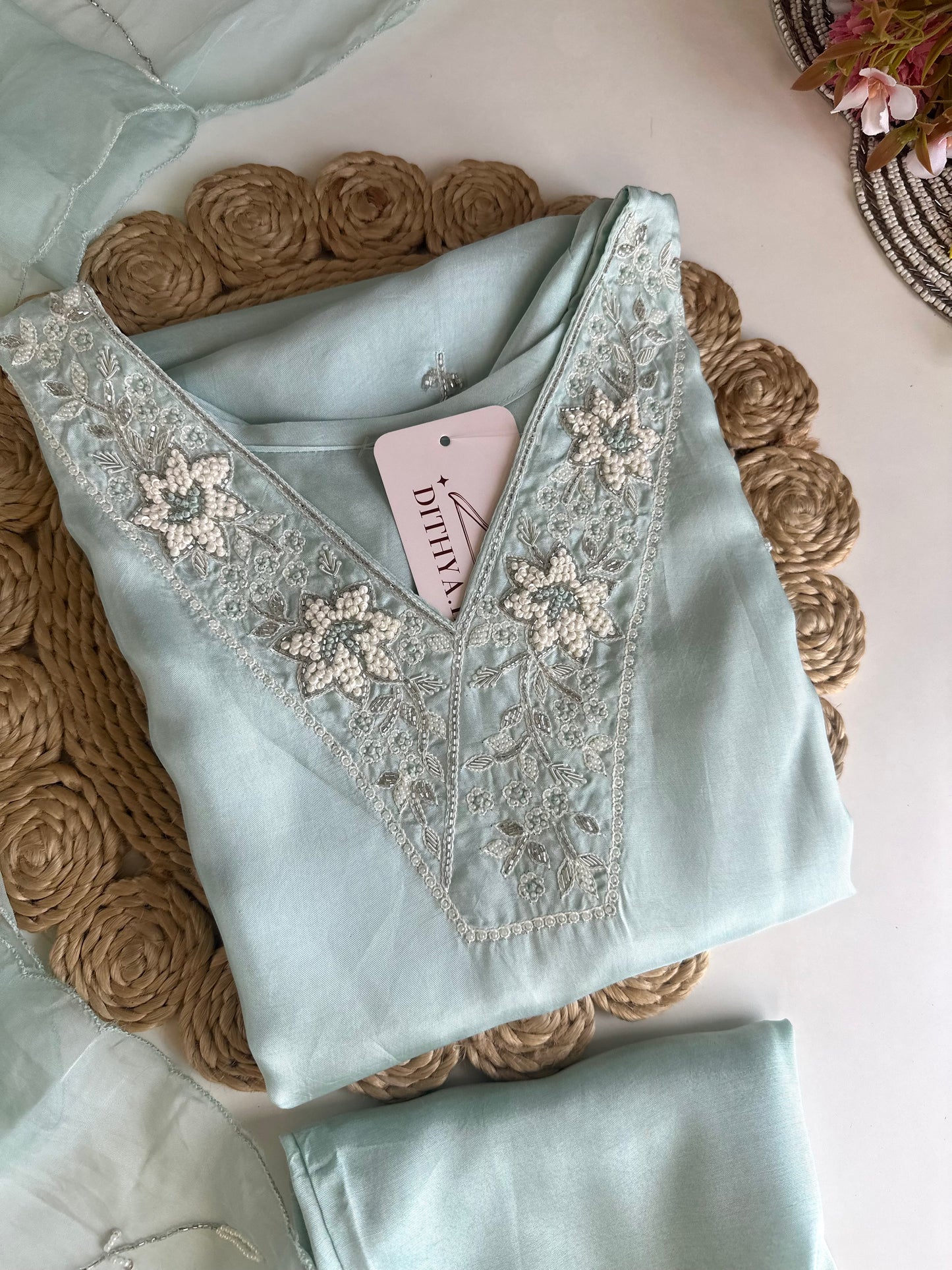 K472 - Russian silk handwork straight Kurti with pants and dupatta