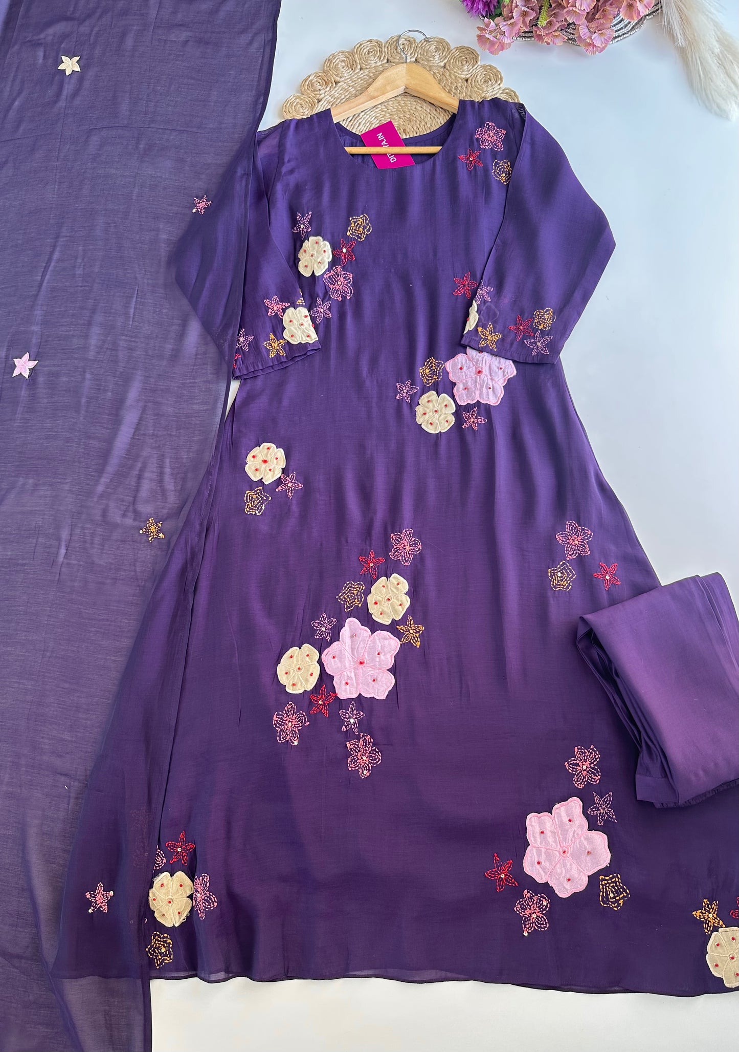 K092 - Mul Chanderi appliqué work Aline Kurti with pants and dupatta