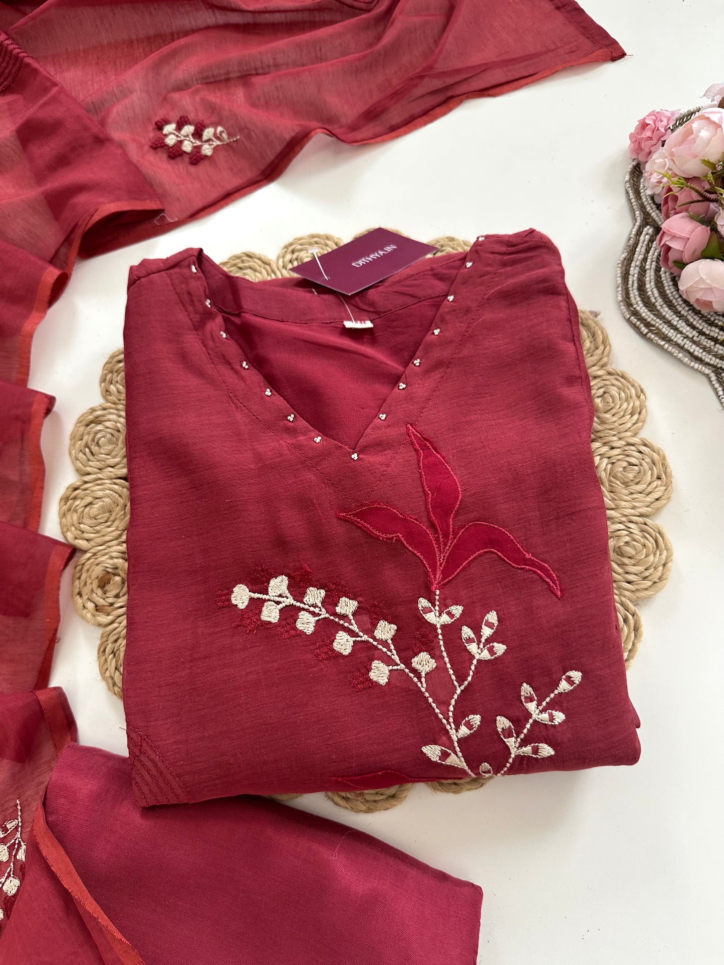 K210 - Mul Chanderi appliqué work Anarkali with pants and dupatta in 2 colours
