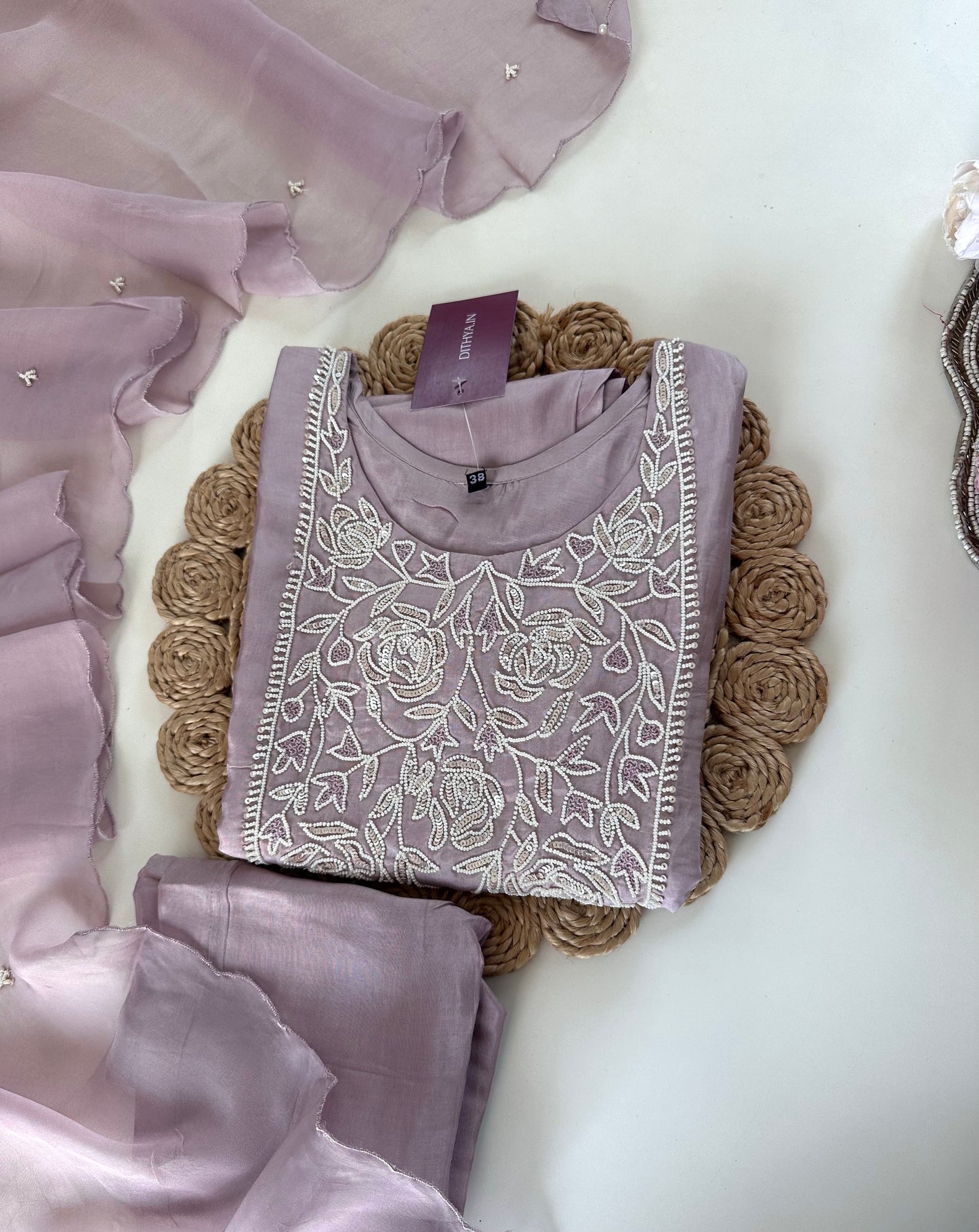 K183 - Abuthai silk pearl work straight kurti with pants and dupatta.