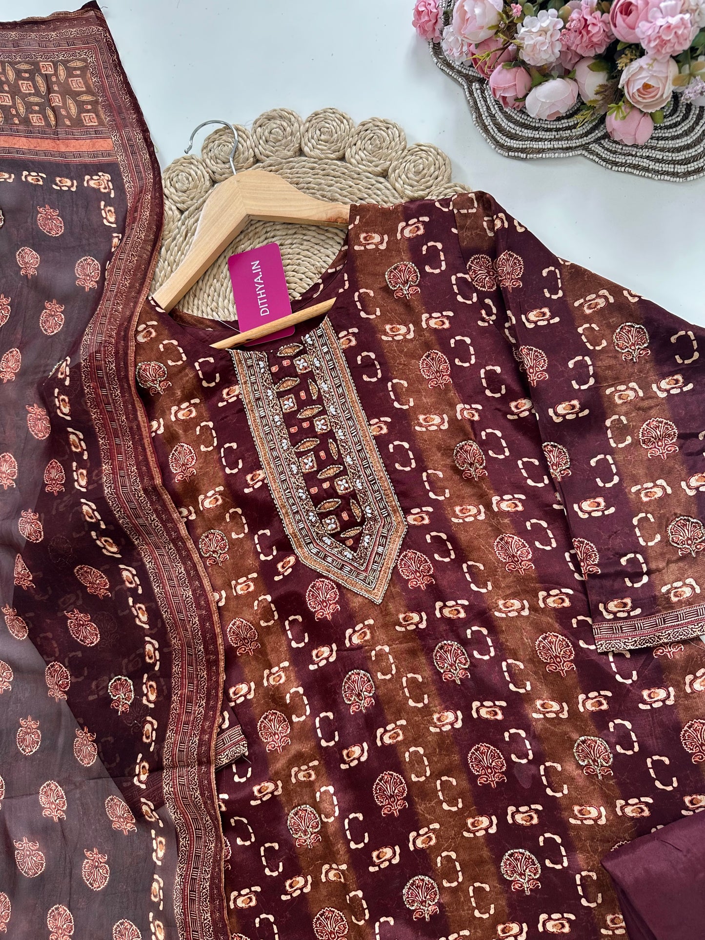 K026 - Viscose organza handwork straight Kurti with pants and dupatta