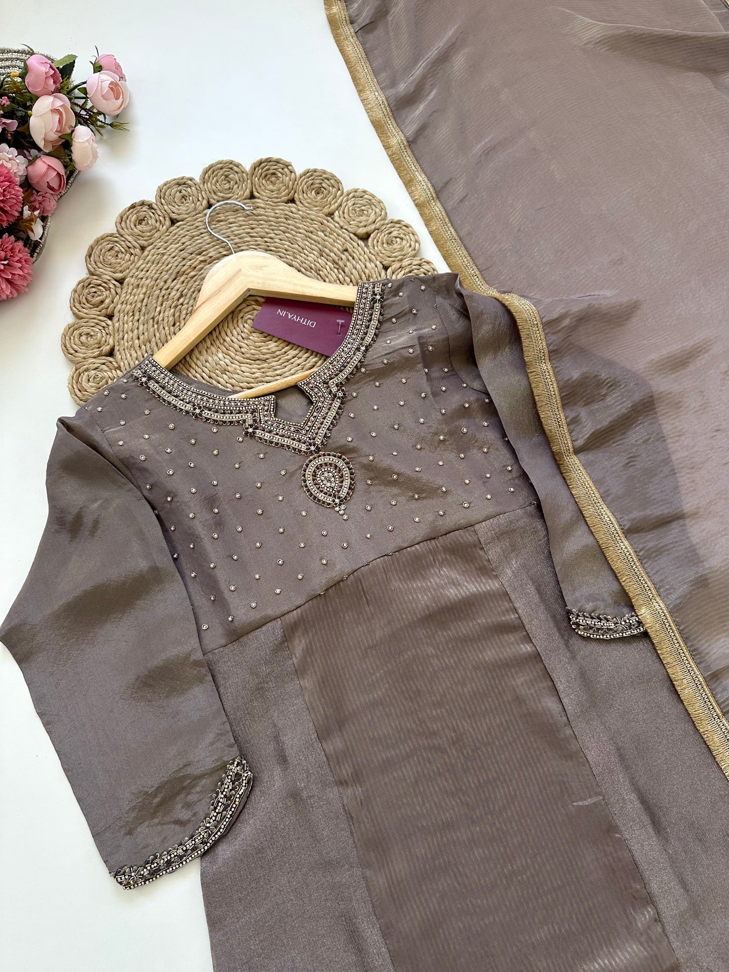 K128 - Tissue silk handwork Straight kurti with pants and dupatta .