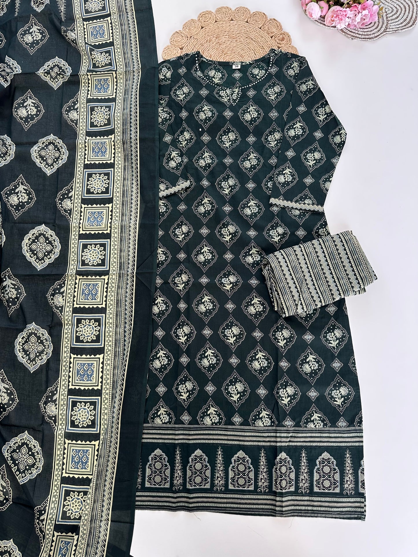 K038 - Cotton printed straight Kurti with pants and dupatta