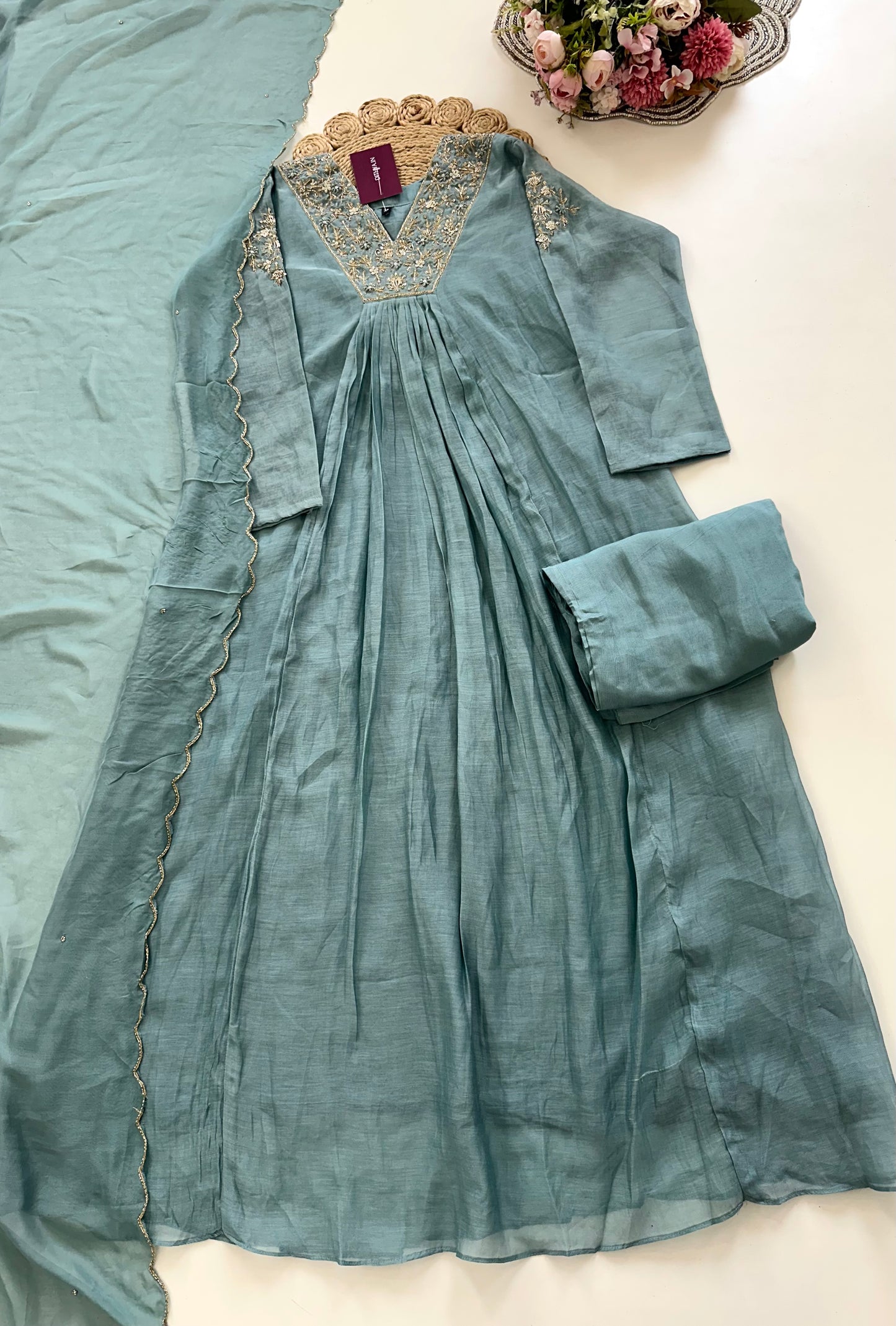 K191 - Mul Chanderi handwork Aline Kurti with pants and dupatta in 3 colours
