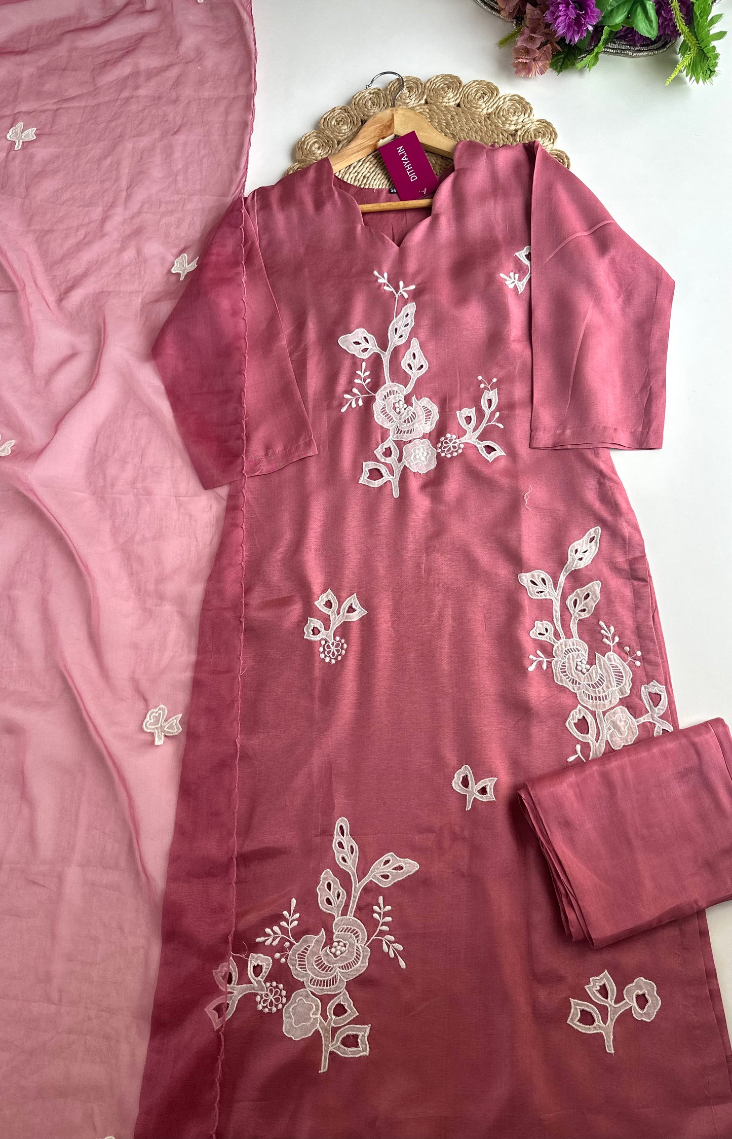 K001 - Russian silk appliqué straight Kurti with pants and dupatta